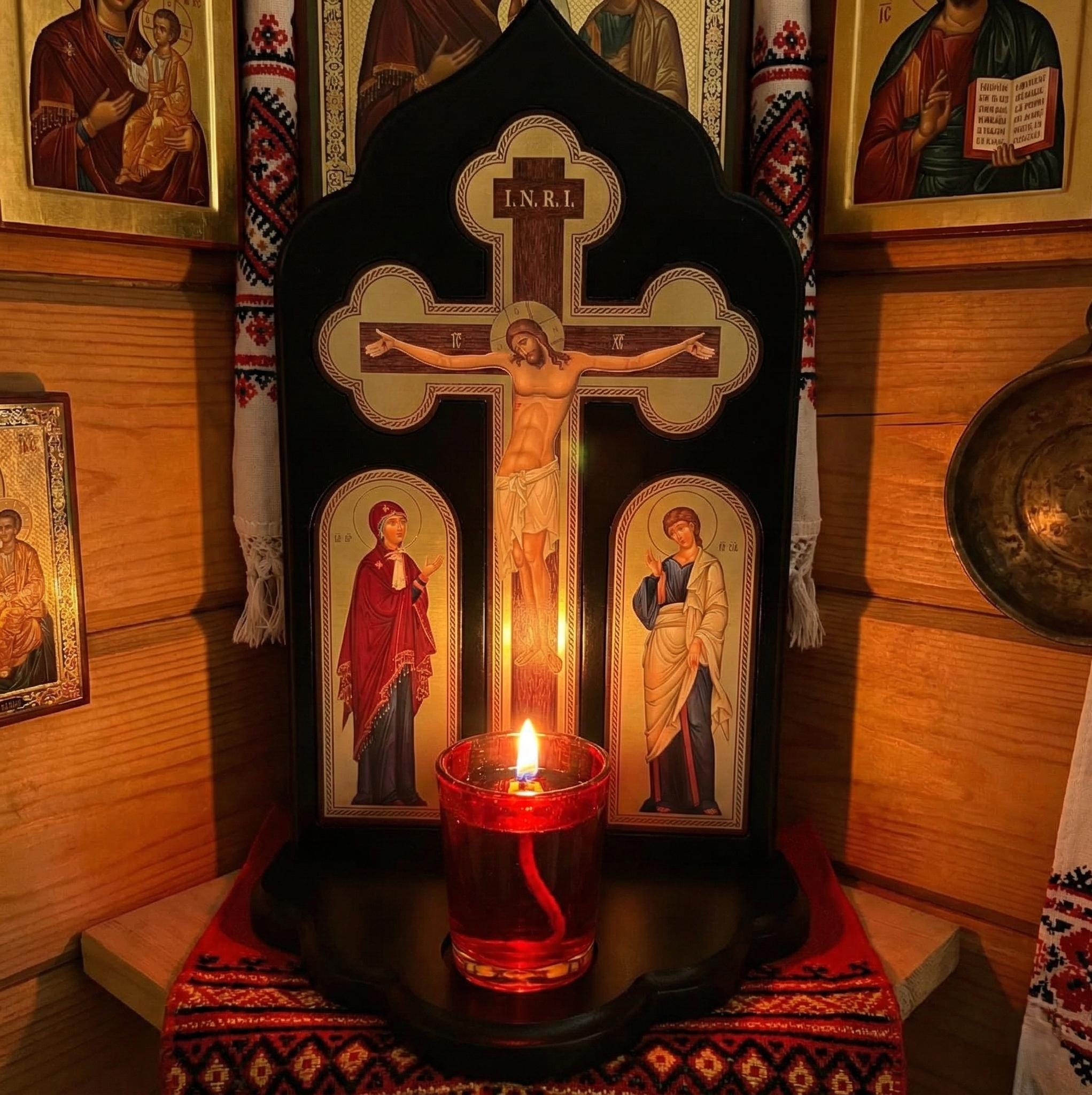 12in Wooden Orthodox Crucifix Candle Stand, Crucifix With Icons, Church Cross, Christian Decor, Prayer Corner Cross, Religious Gift