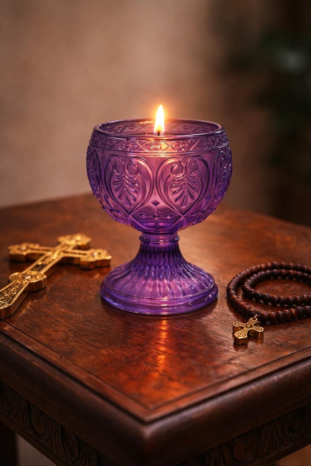 Orthodox Purple Glass Oil Lamp 3.9x2.6 in, Prayer Church Candle Holder