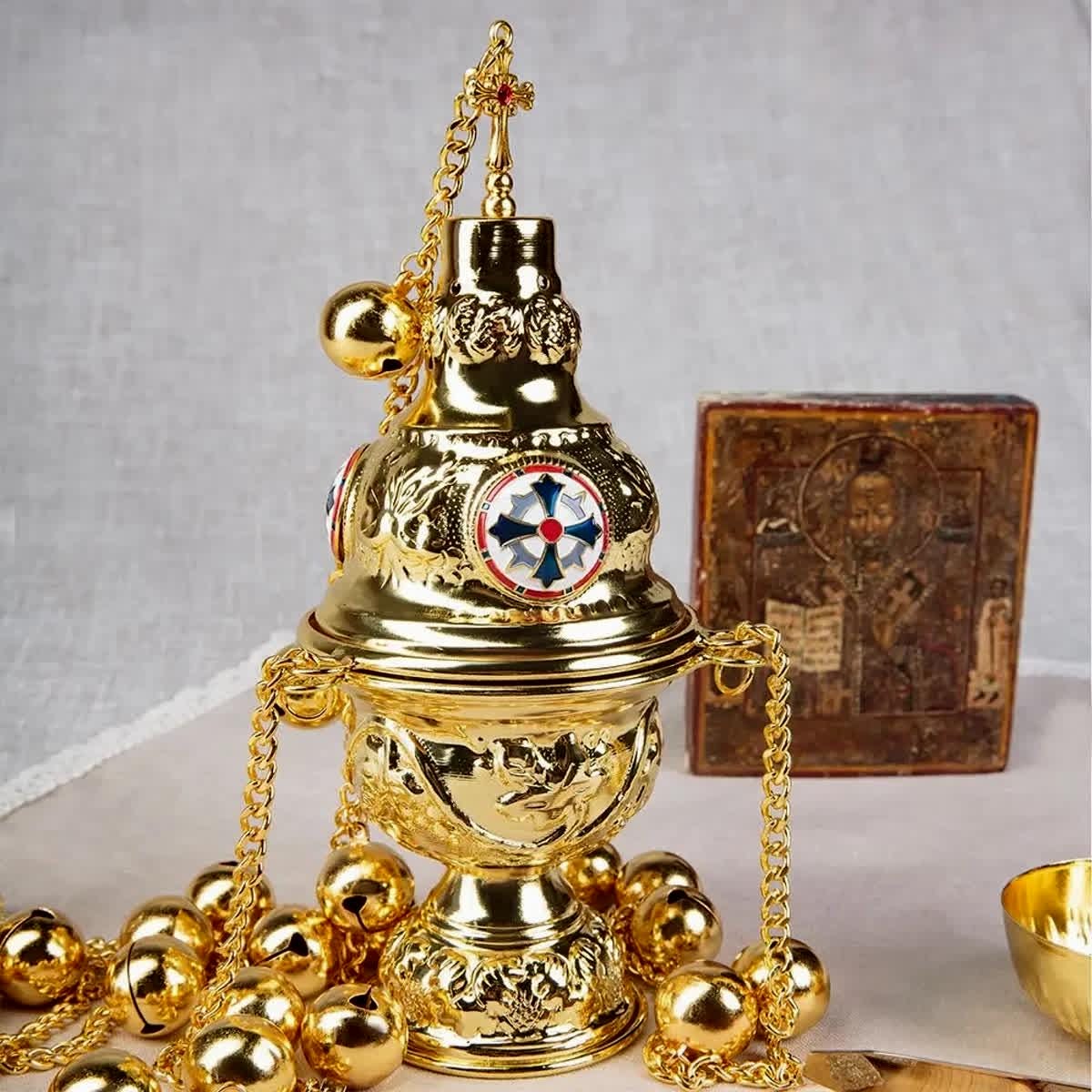 Gold Hanging Orthodox Censer 26in with 24 Bells | Brass Incense Burner | Designs with Cross or Saints (Jesus, Mary, Nicholas)