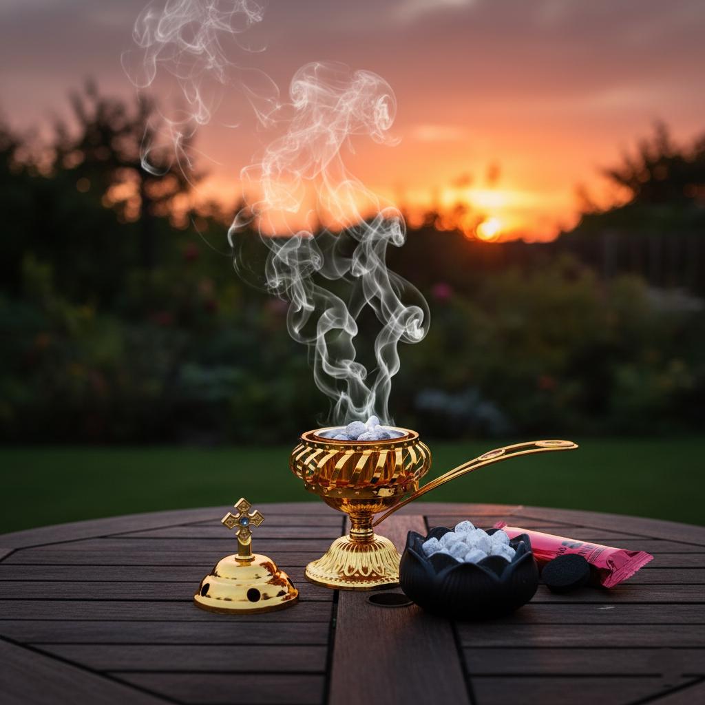 Orthodox Incense Burner Set: 5.5 inch Gold Metal Censer, 50g Frankincense, 6 Charcoal Tablets, Prayer Kit