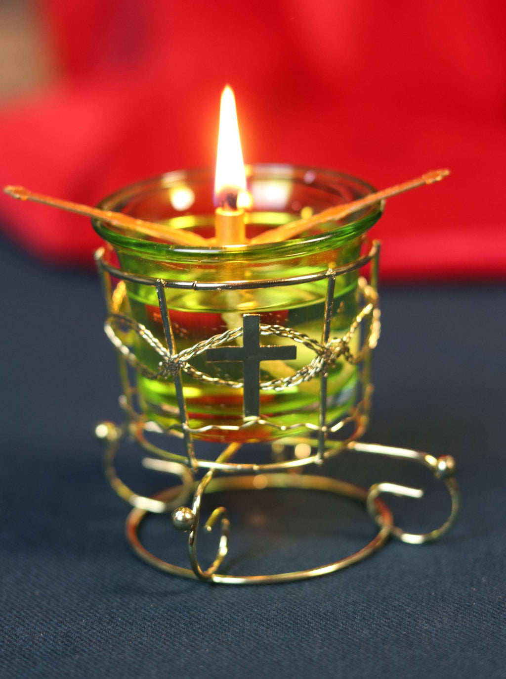 Green Glass Oil Lamp in Metal Stand 2in  – Orthodox Candle Holder for Prayer, Aromatherapy, Altar Decor, Christian Gift, Orthodox prayer