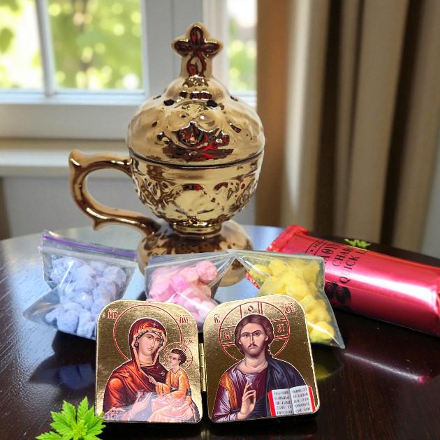 Christian incense set: gold ceramic censer, folding icon, 50 grams of Greek incense, 6 pcs. of coal.