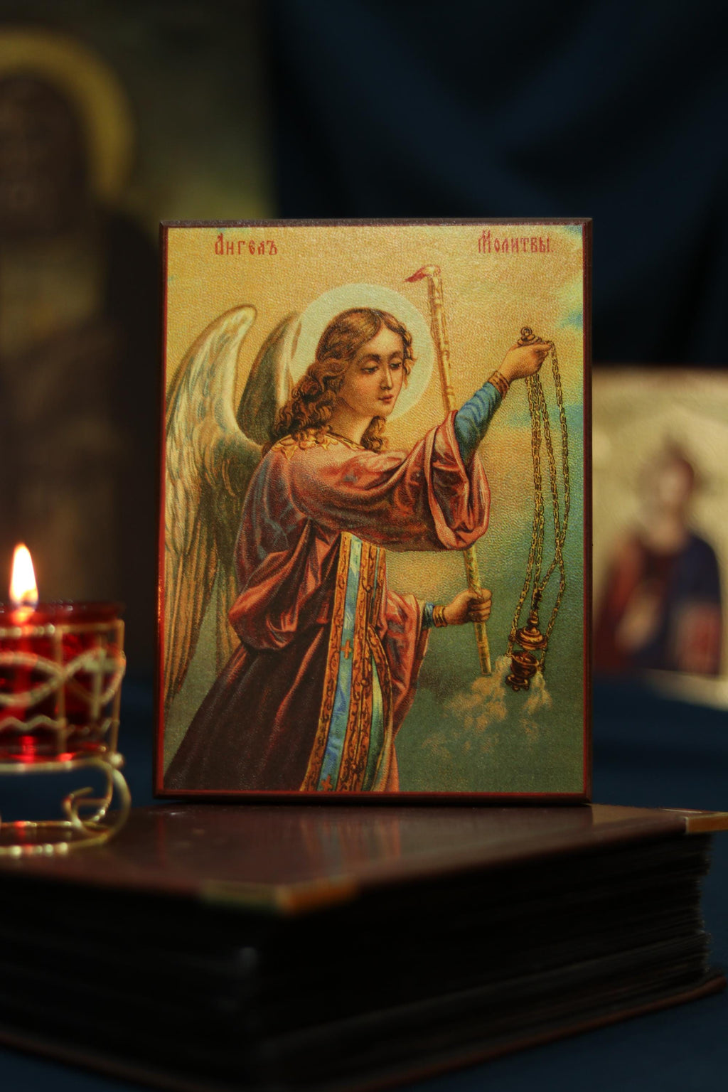 Guardian Angel Icon 6.3 in, Wooden Orthodox Angel of Prayer Christian Icon
