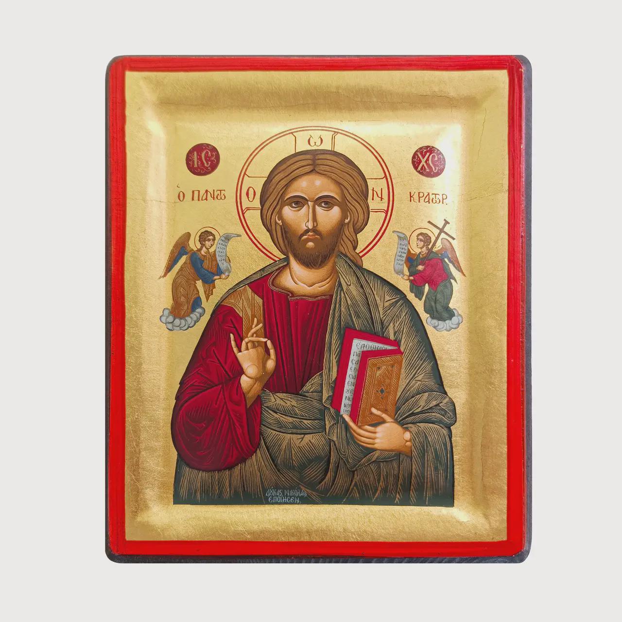 Handmade 6.1×7.8 in Greek Icon of Jesus Christ, Cypress Wood Icon, Gold Leaf.
