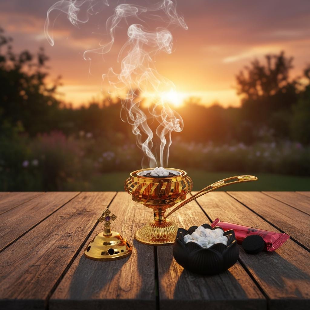 Orthodox Incense Burner Set: 5.5 inch Gold Metal Censer, 50g Frankincense, 6 Charcoal Tablets, Prayer Kit