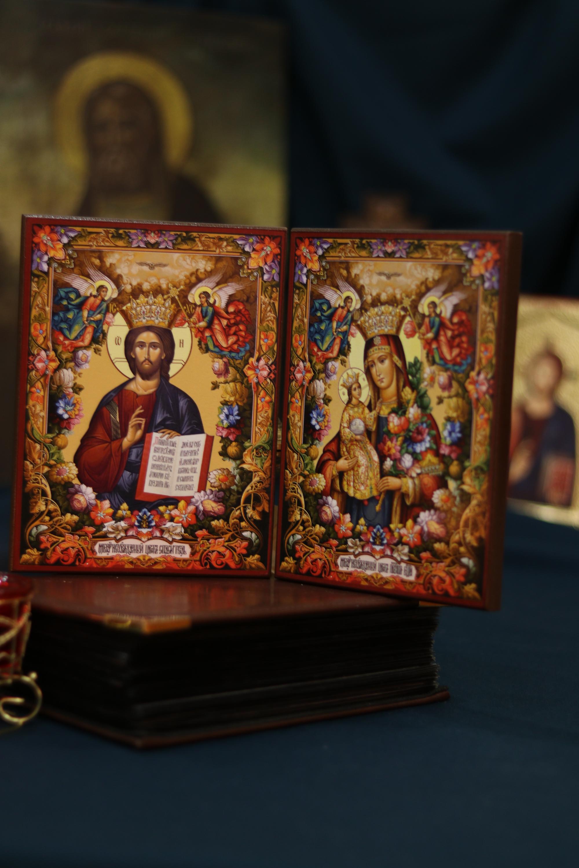 Unfading Flower Icon Set Mother of God Jesus Wooden Orthodox 6.3x4.7in