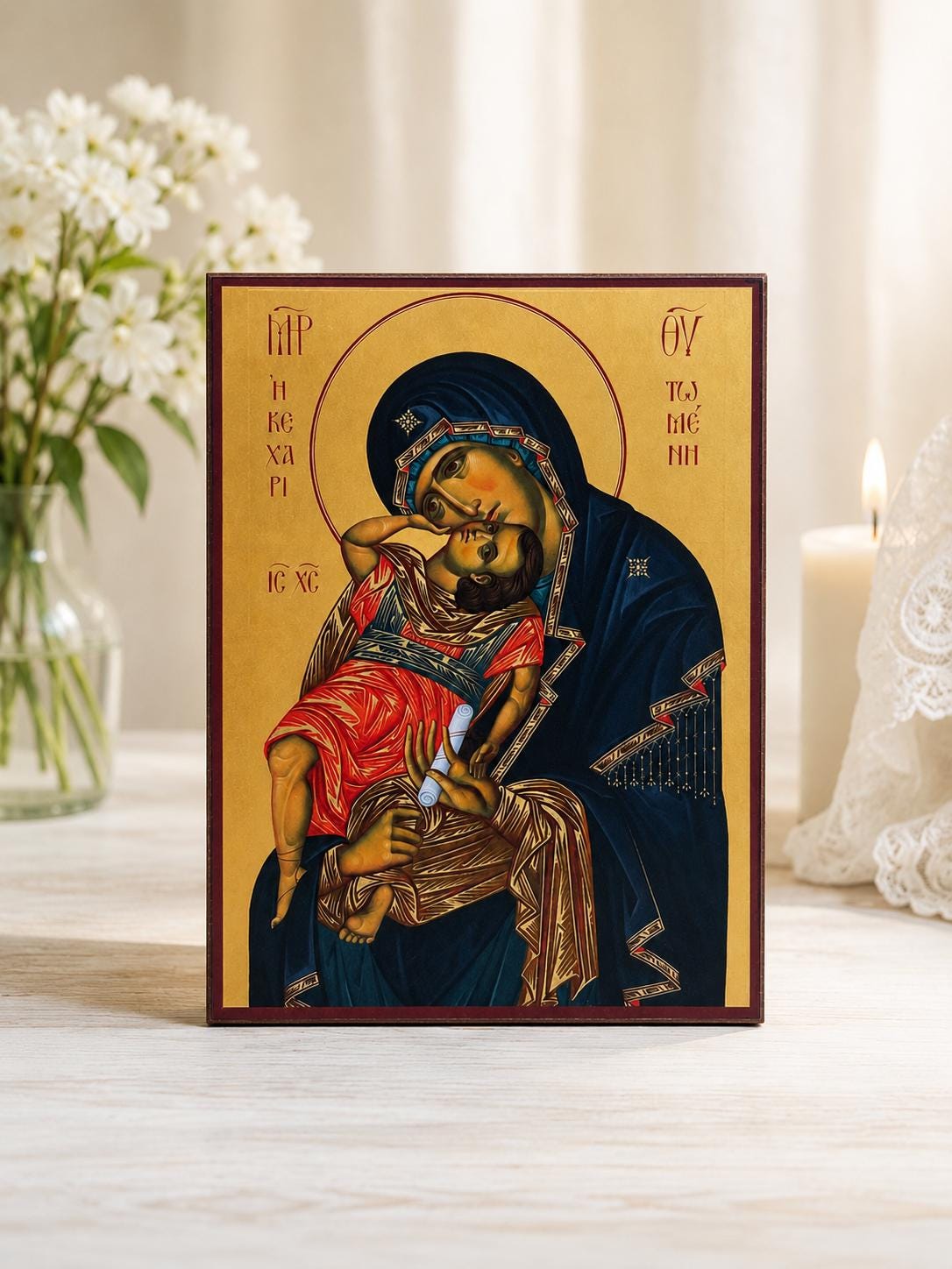 Virgin Mary Icon Playing with the Child Wooden Icon Orthodox Icon