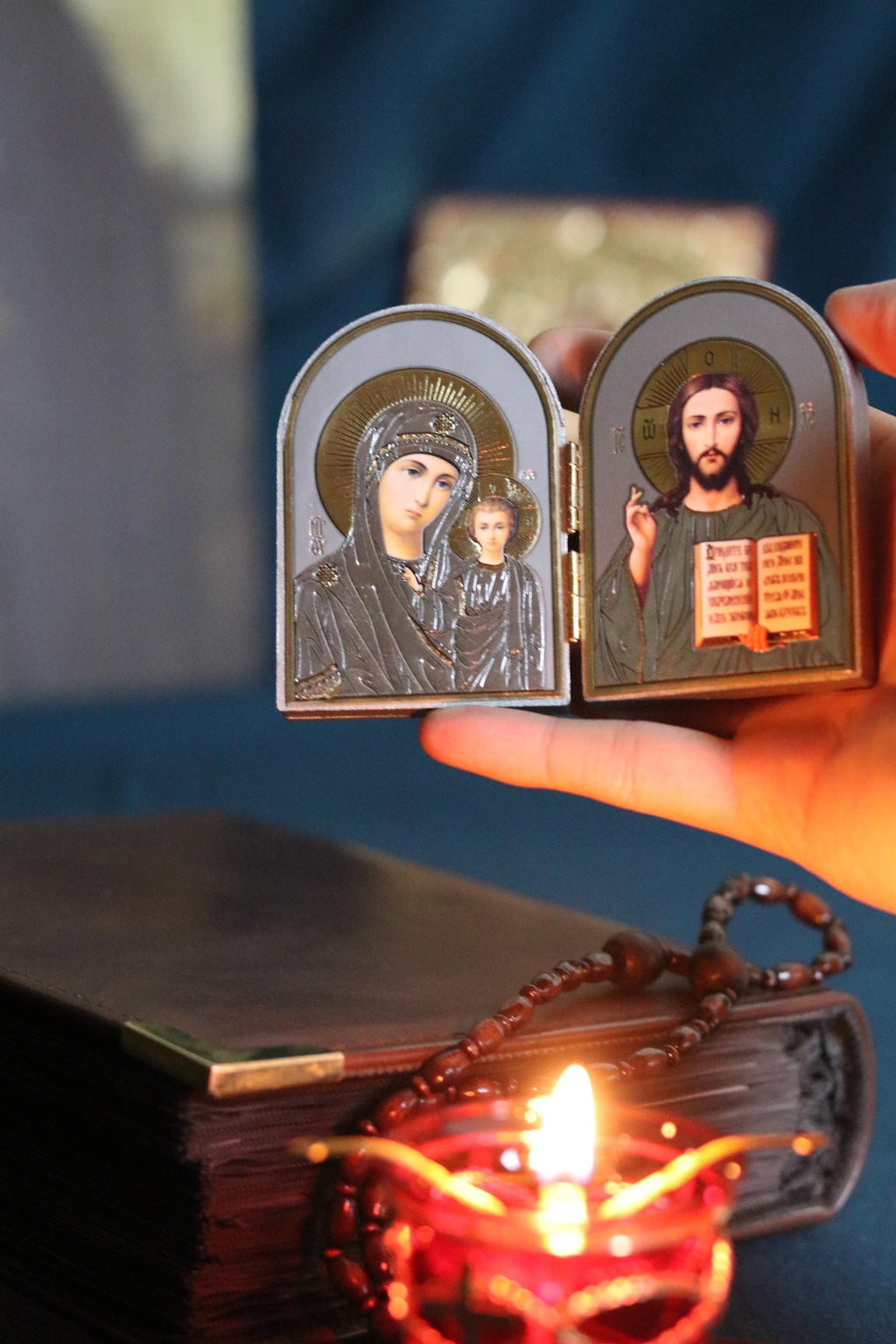 Wooden Orthodox Folding Icon 3.1in, Travel Diptych, Virgin Mary And Jesus Christ, Pocket Icon