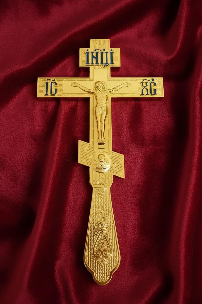 Metal Altar Cross 10.2x5.9in, Blue Enamel Orthodox Cross, Crucifix with Jesus Christ, Church Cross, Religious Decor, Christian Gift