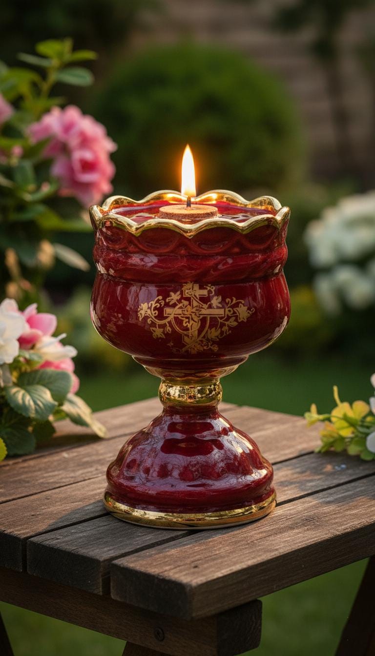 Christian Red Ceramic Table Oil Lamp 5.5in. Set Includes: Lamp, floating wick, wick holder