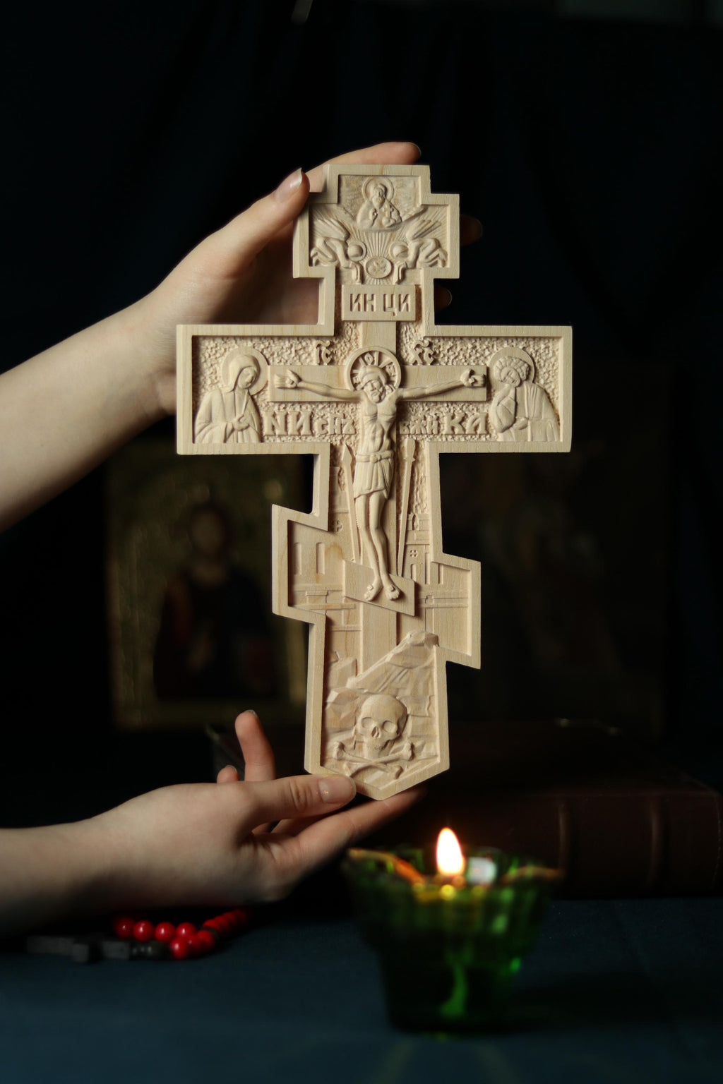 12in Beech Wood Orthodox Cross, Church Cross, Wooden Crucifix.