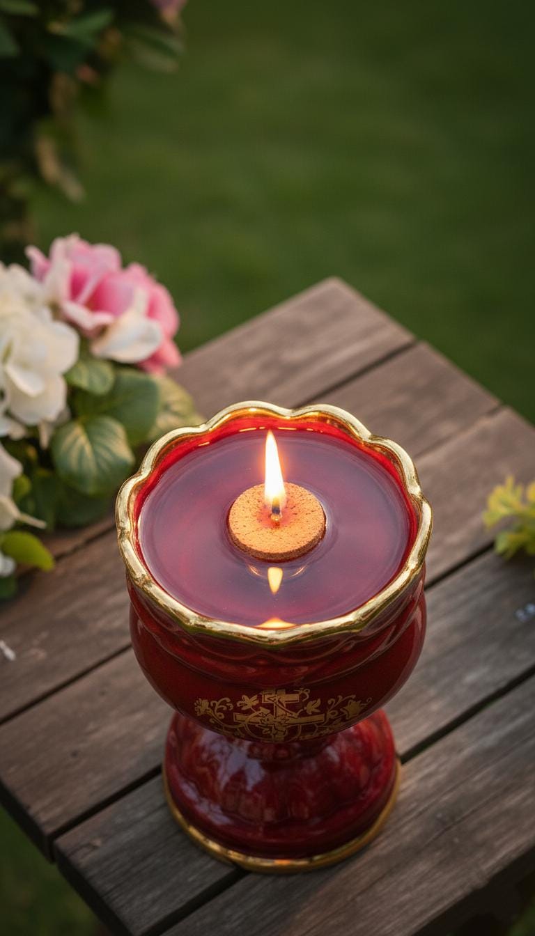 Christian Red Ceramic Table Oil Lamp 5.5in. Set Includes: Lamp, floating wick, wick holder