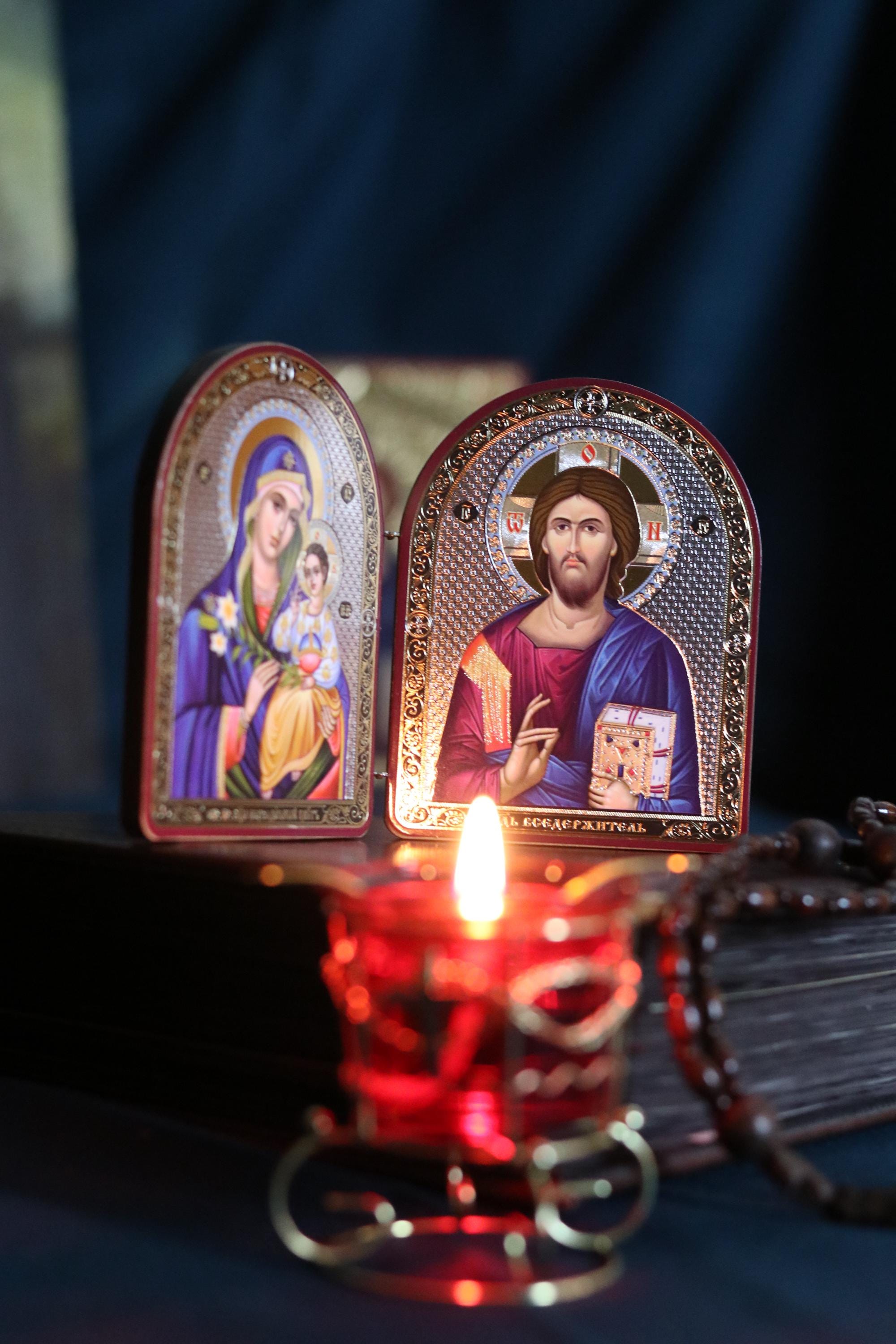 Wooden Folding Icon 4.3in, Orthodox Diptych, Virgin Mary Icon, Jesus Christ Icon, Christian Gift, Prayer Corner Decor