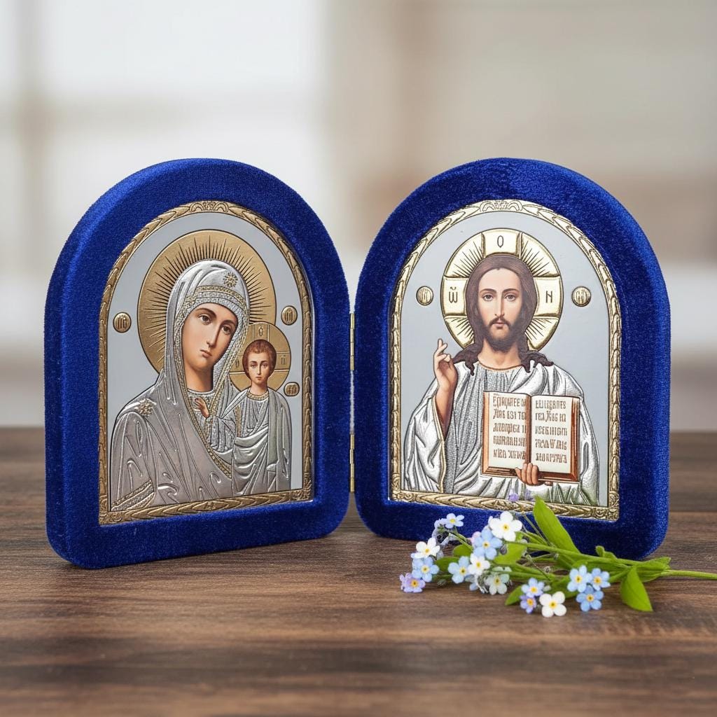 Blue Velvet Orthodox Folding Icon 8.7x5.1 in, Virgin Mary and Jesus Christ Diptych, Home Altar Decor, Religious Gift