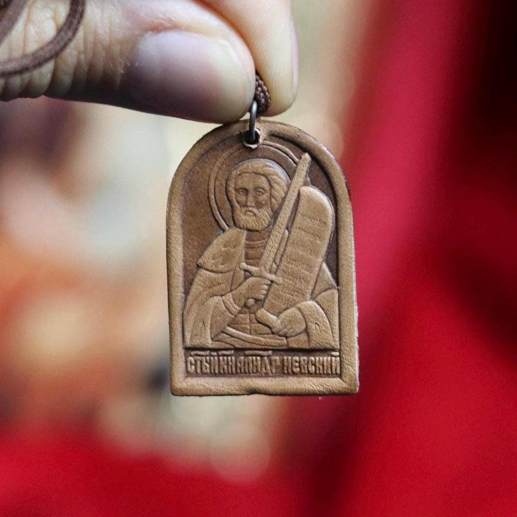 Orthodox Leather Pendant Icon – St. Alexander Nevsky – Handmade Wearable Icon – Christian Amulet Necklace – Eastern Orthodox – Pocket Icon