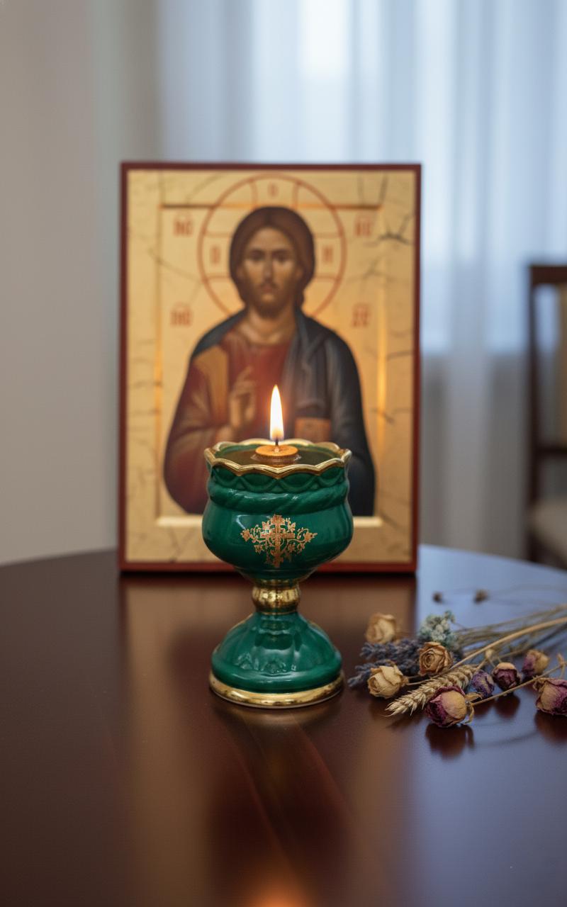 Christian green Ceramic Table Oil Lamp 5.5in. Set Includes: Lamp, floating wick, wick holder