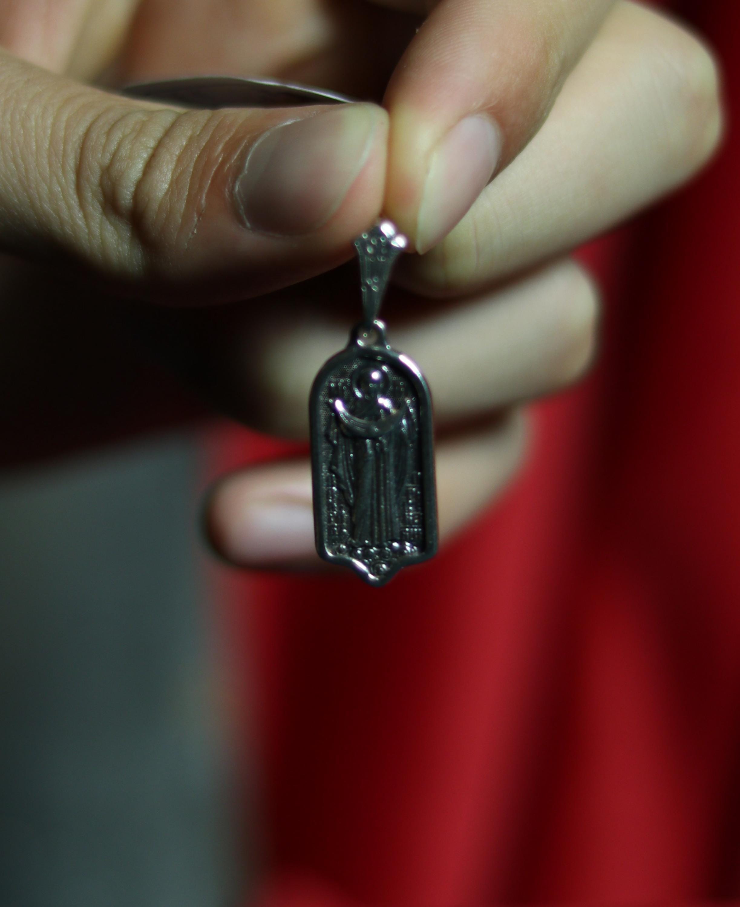 Sterling Silver 925 Orthodox Virgin Mary Pokrov Medal Pendant | 0.98×0.47 in | 3.55g | Blackened Christian Icon Jewelry, Greek orthodox