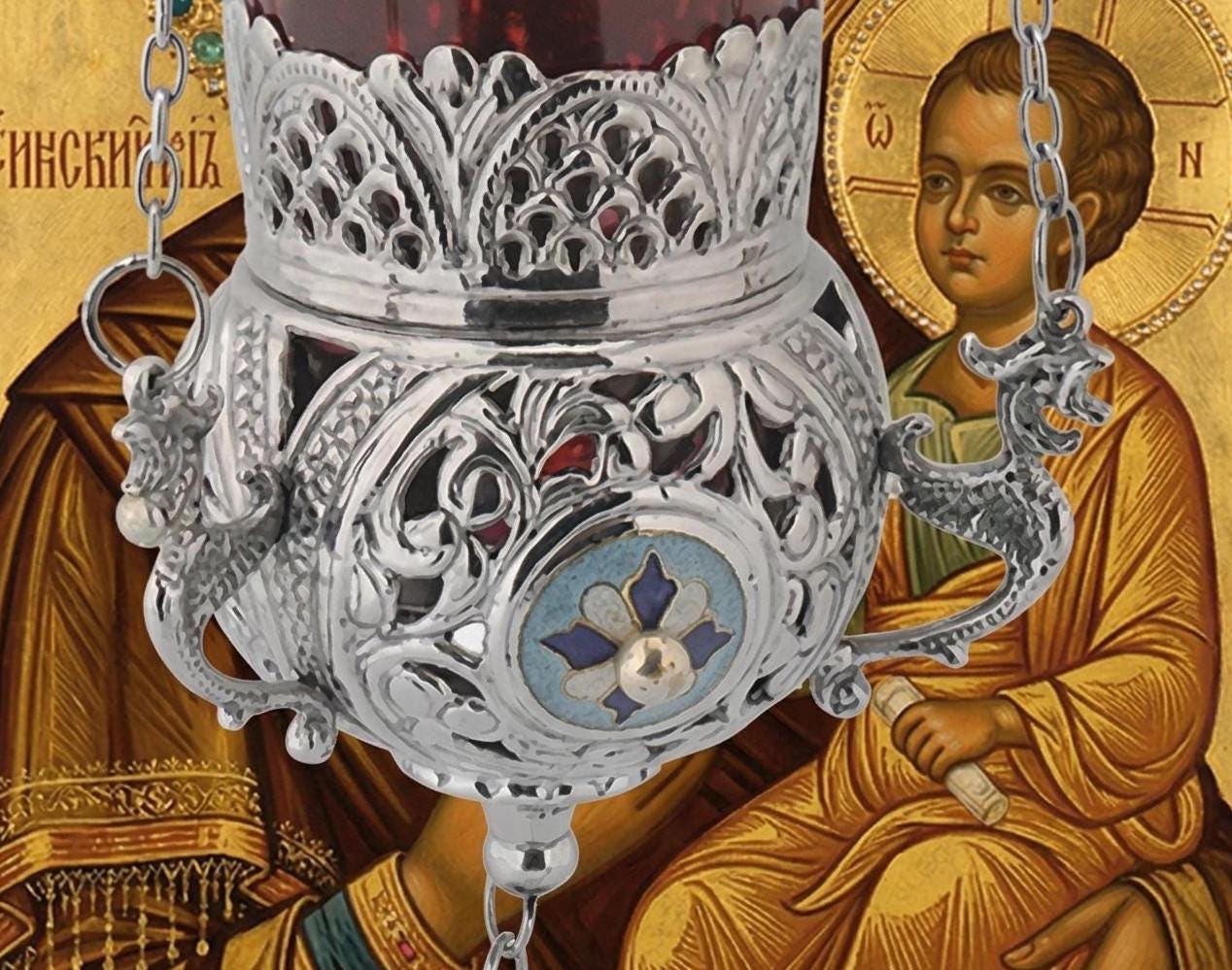 Brass Hanging Candle Holder Enamel Orthodox Lamp 4.3in Decor