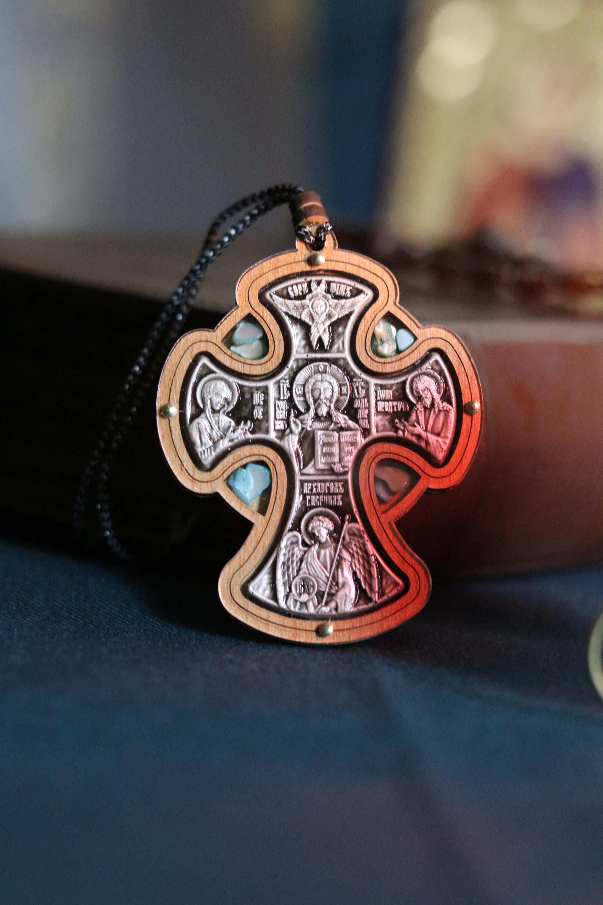 Wooden Orthodox Cross Pendant 3in, Christian Crucifix Necklace, Prayer Cross, Jesus Icon Cross