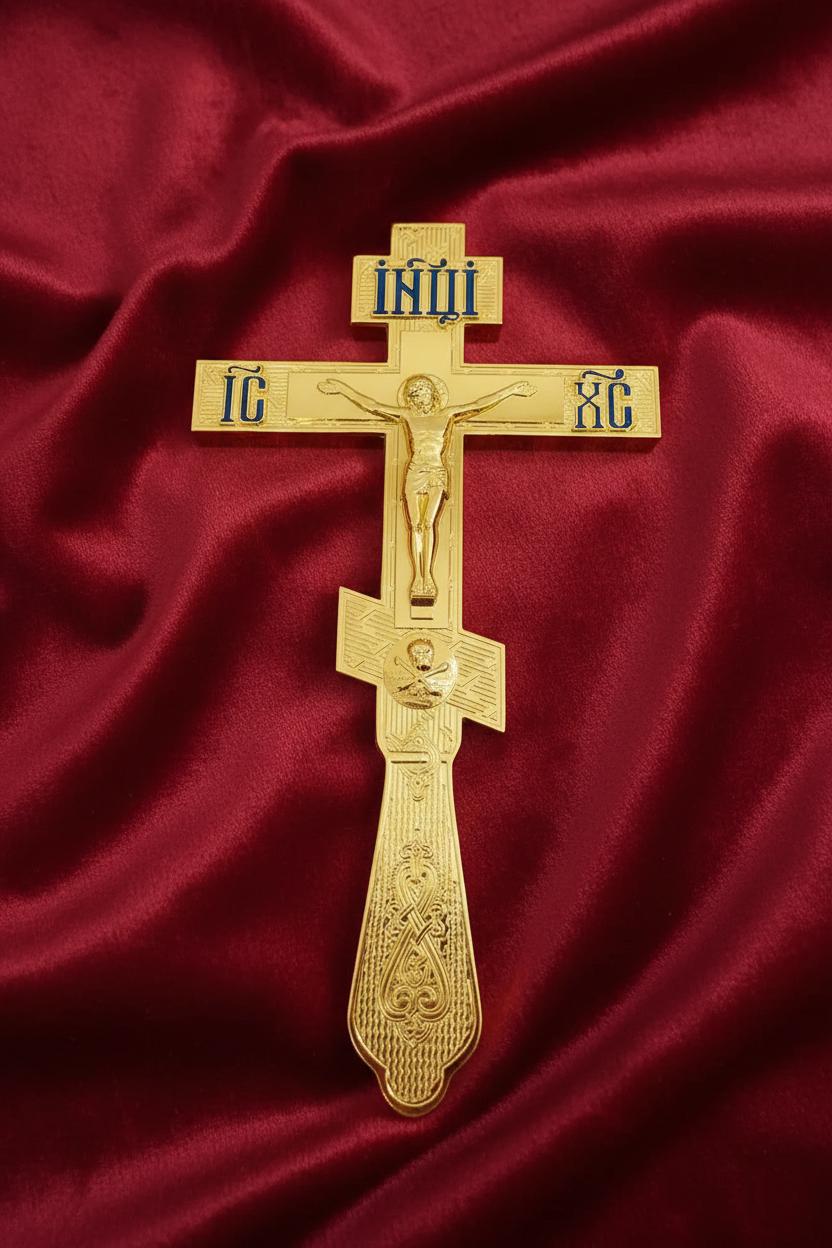 Metal Altar Cross 10.2x5.9in, Blue Enamel Orthodox Cross, Crucifix with Jesus Christ, Church Cross, Religious Decor, Christian Gift