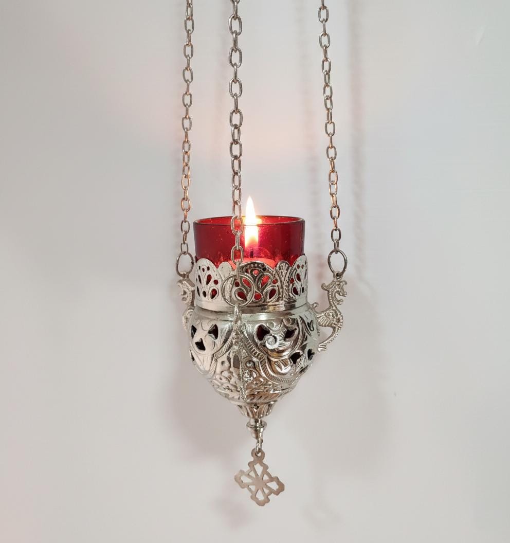 Hanging Lampada 4.7x2.6 in, Chain 15.7 in, Glass Lampada, Orthodox Icon Lamp