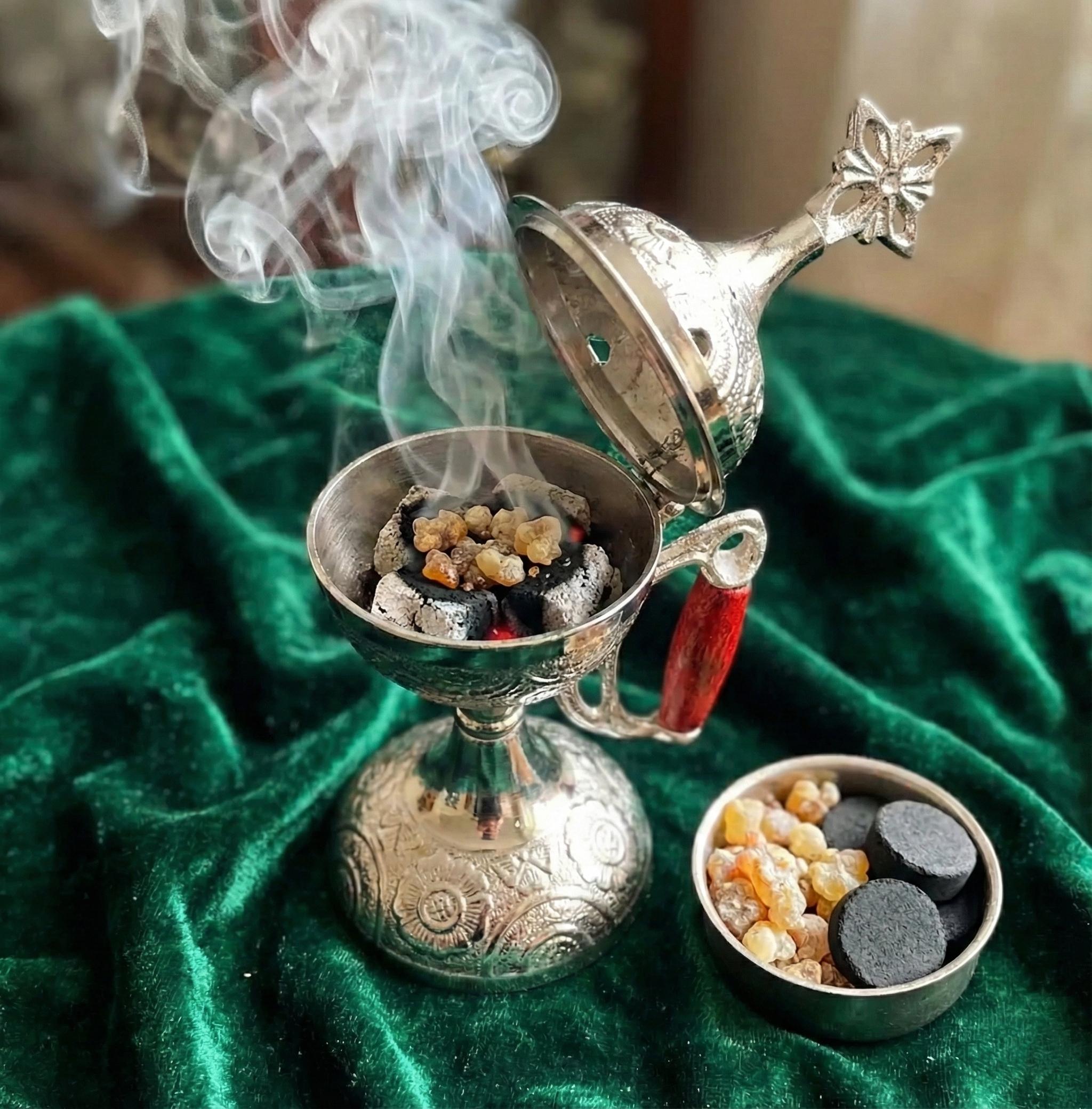 Greek Metal Censer Set, 14cm Incense Burner with 50g Frankincense & Charcoal.