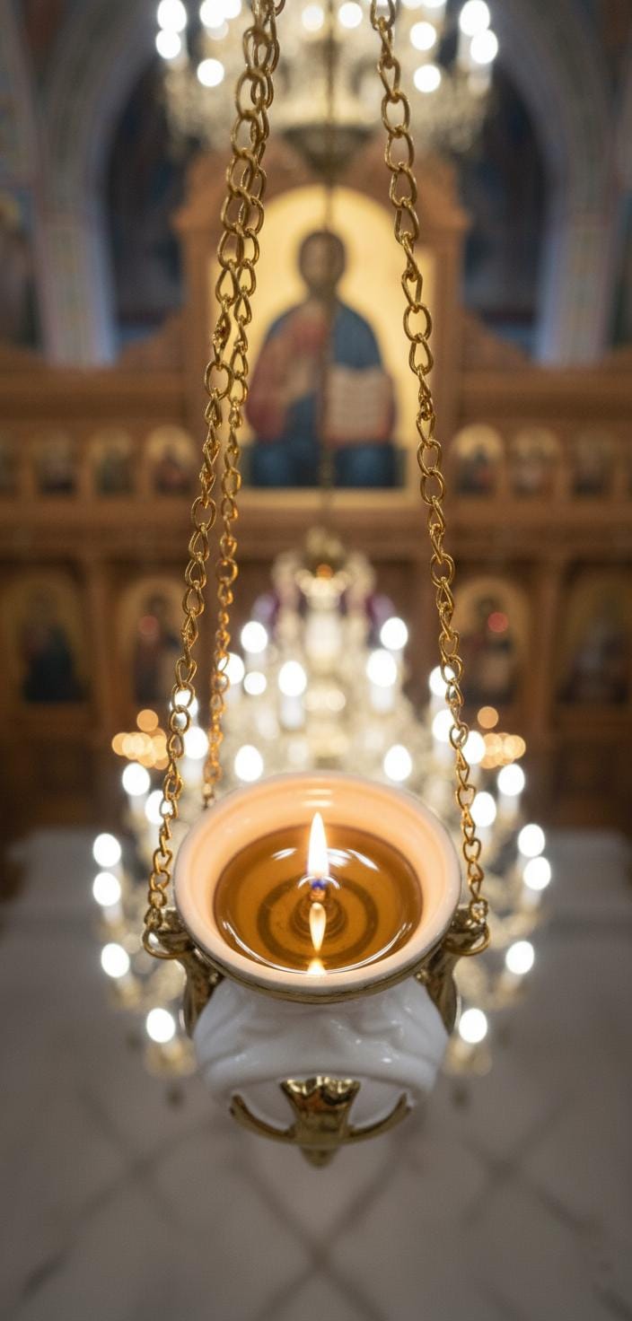 White ceramic Christian pendant lamp with gold cross 5.5 in. Includes 10 wicks, a wick holder, and the pendant lamp.