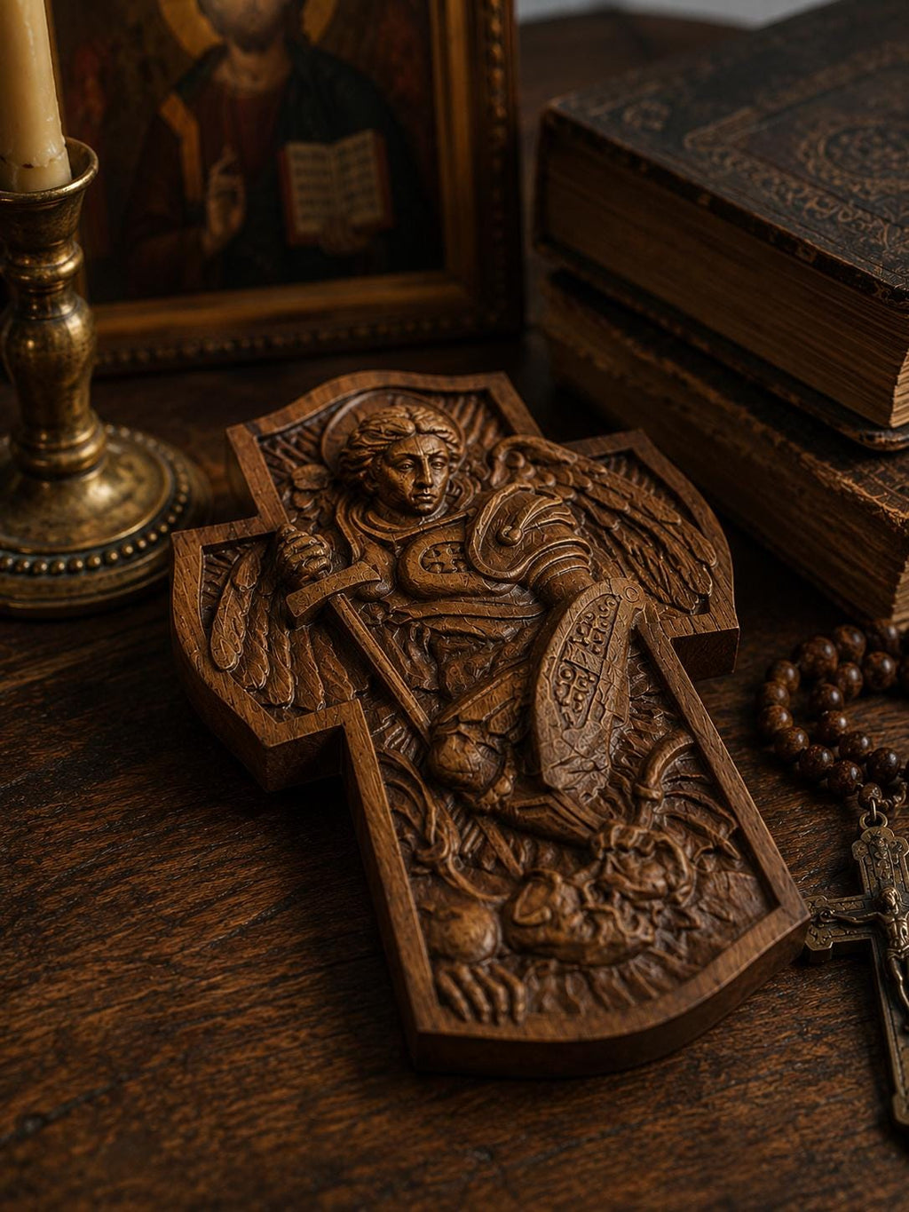 Wood Carved Archangel Michael Cross, Beech Wood Wall Cross, 7.9–19.7in