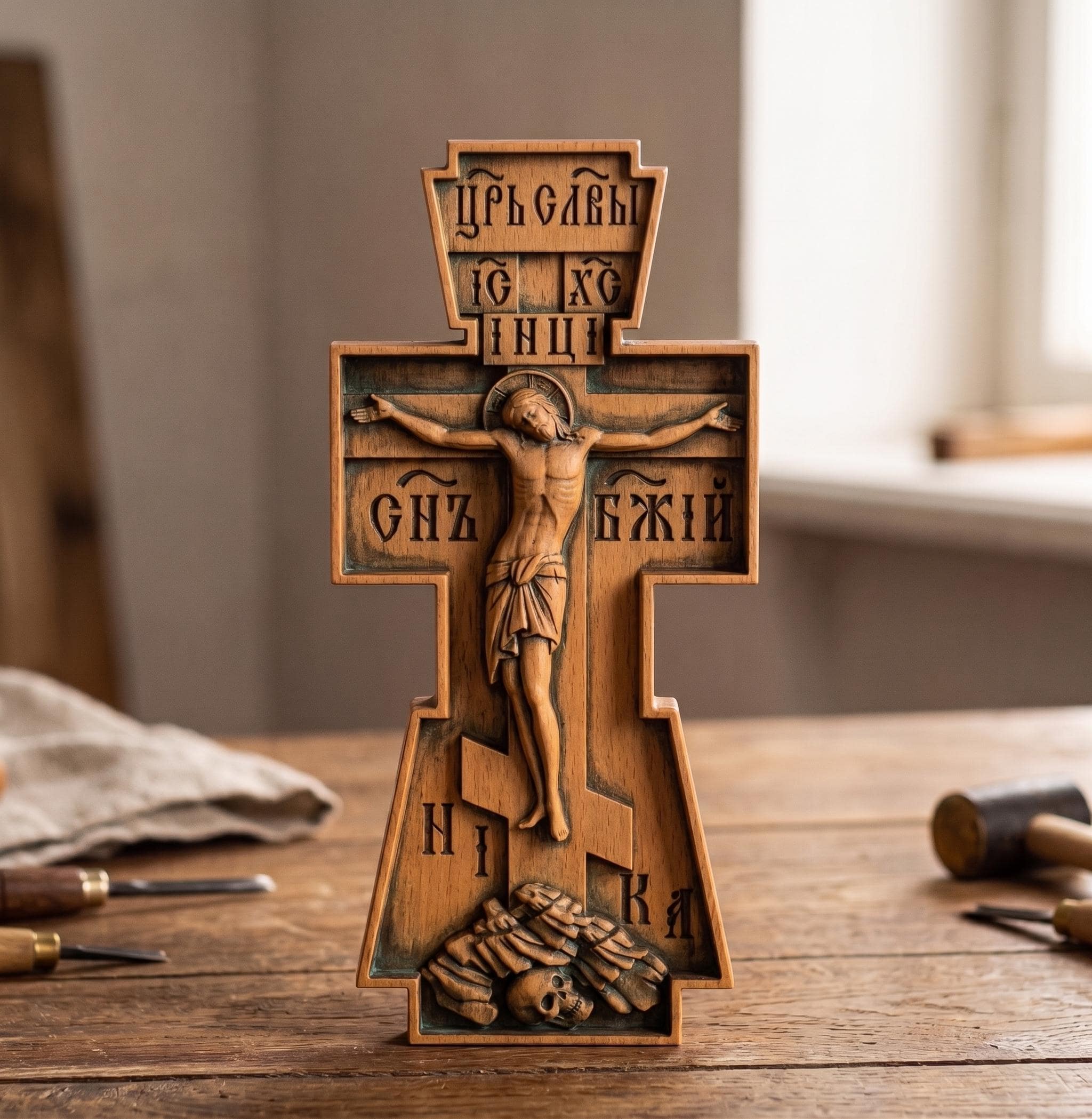 Wooden Orthodox Cross 8in 12in 16in 20in, Carved Wood Crucifix, Jesus Christ Cross, Christian Cross, Church Cross, Wall Cross