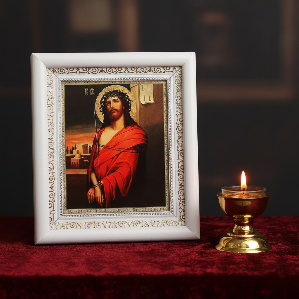 Orthodox Icon Jesus Christ 15x18 cm in White Wooden Kiot 21x24 cm, Hanging Icon, Orthodox Christian Gift, Icon in a Frame