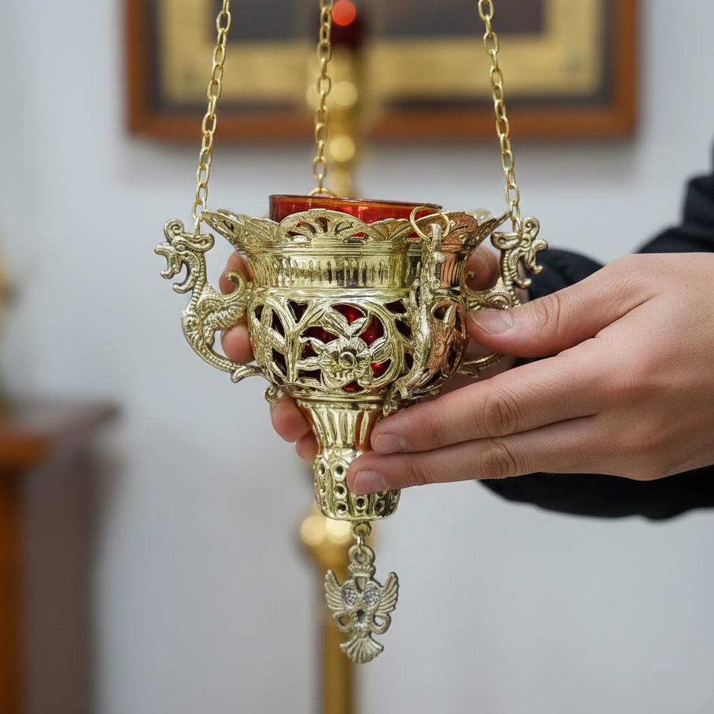Hanging Vigil Lamp 7.3x4.9 in,, Greek Orthodox Lampada with 16.7 in Chain