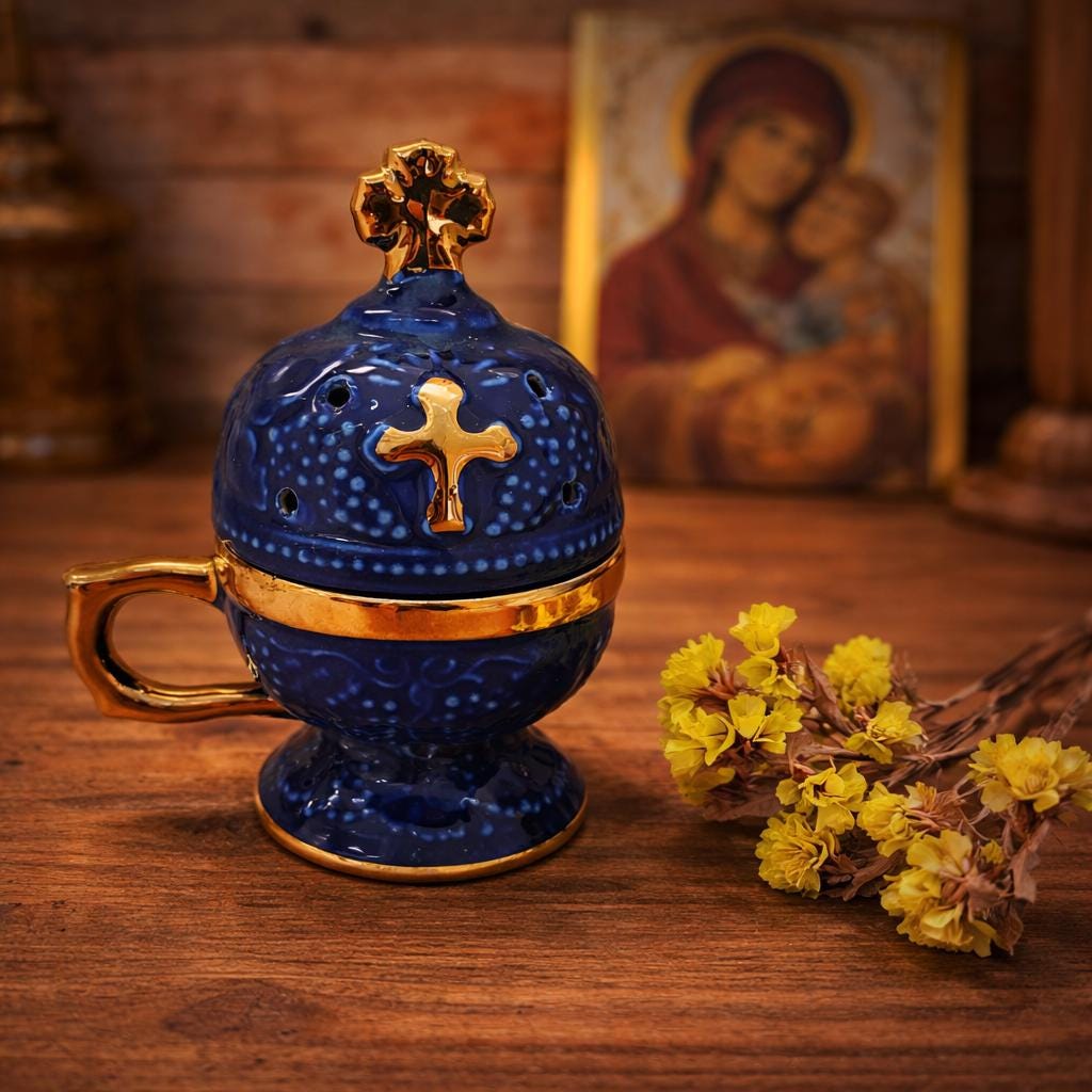 Orthodox Ceramic Incense Blue Burner with Cross 6.3 inches, Christian Incense Holder