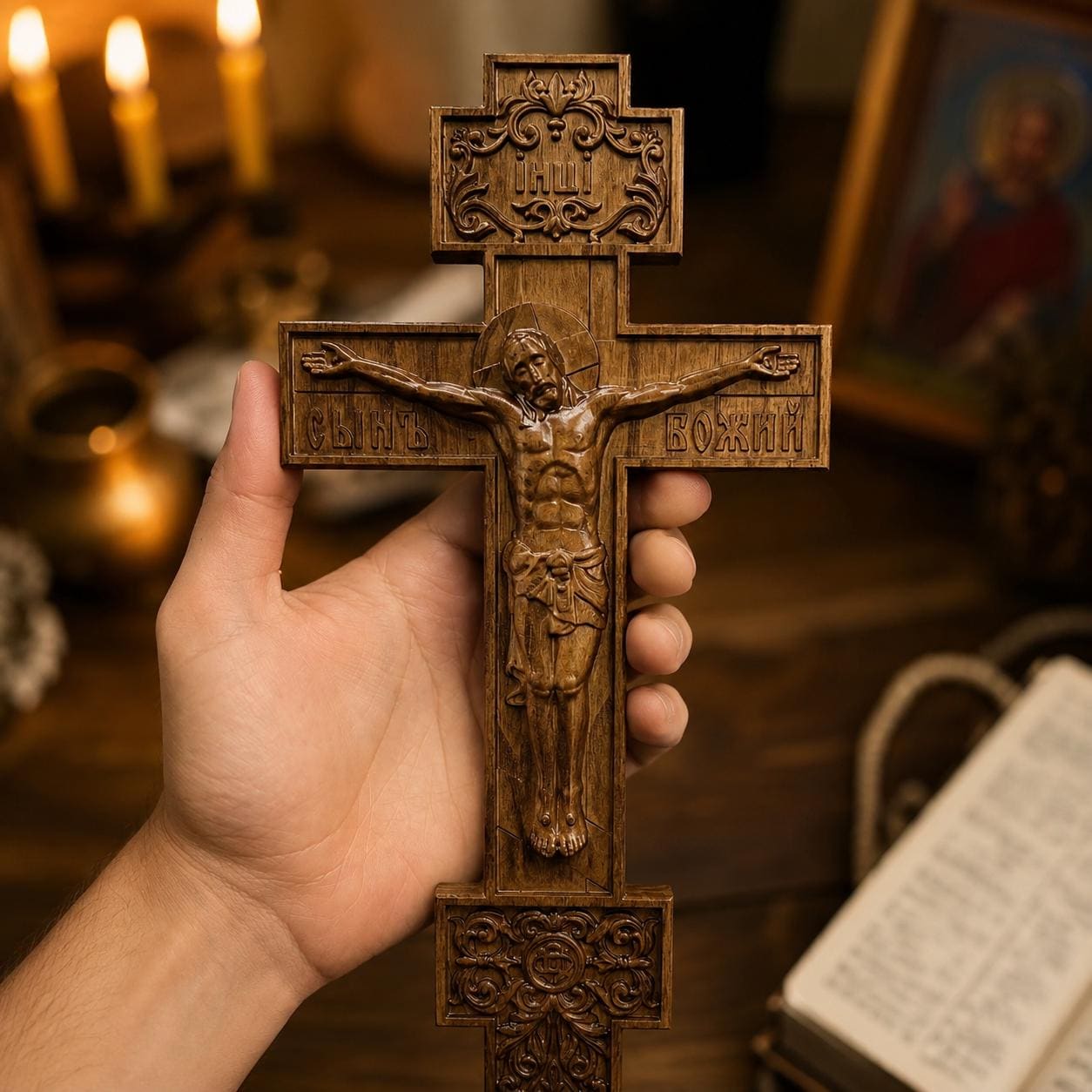 Orthodox Wooden Crucifix, Beech Wood Wall Cross with Jesus Christ, Handmade Christian Cross