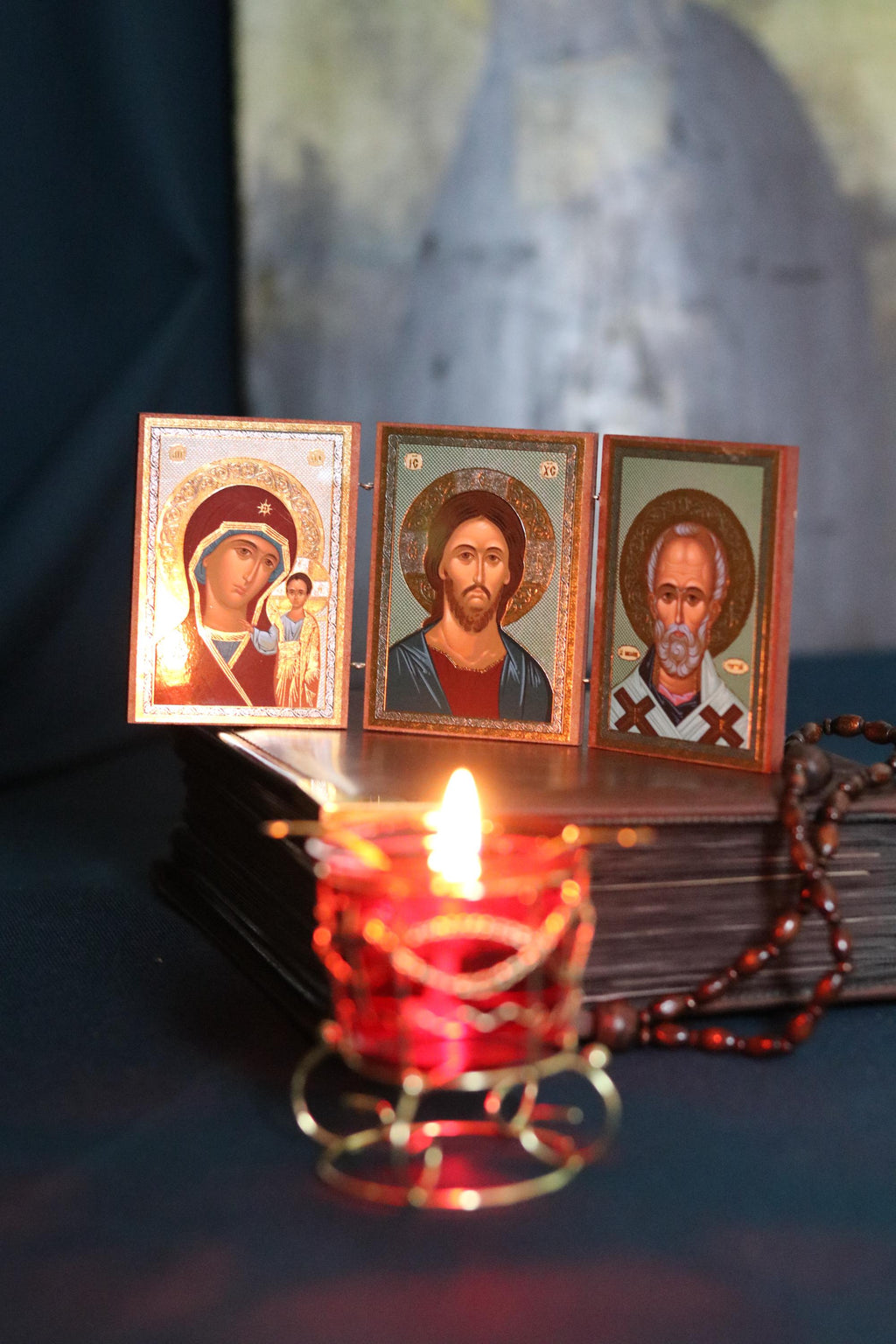 Wooden Orthodox Triptych Icon 3.5in, Virgin Mary Jesus And Saint Nicholas, Folding Travel Icon