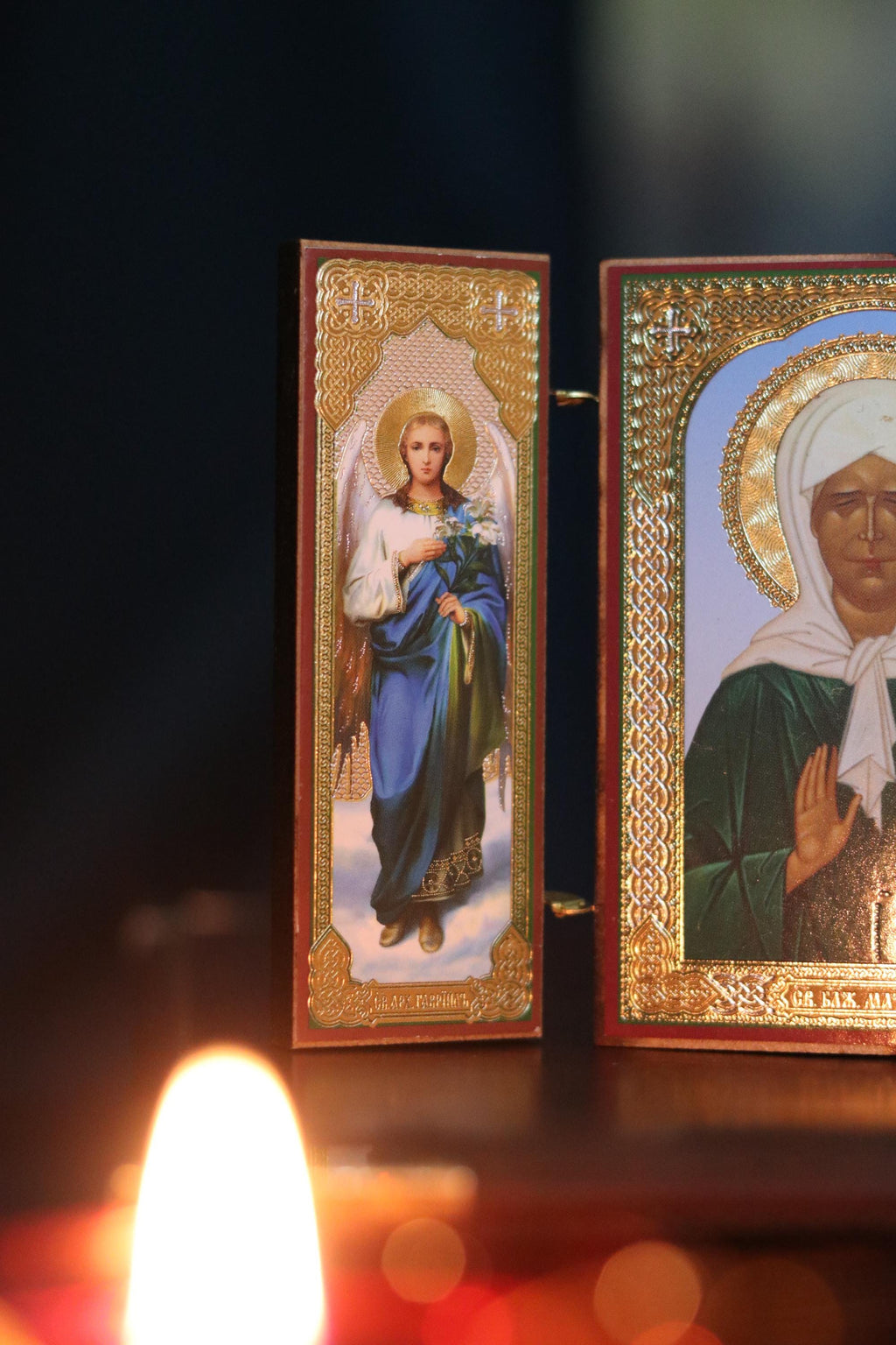 Saint Matrona Icon, Wooden Orthodox Triptych Icon 3.5in, Folding Travel Icon