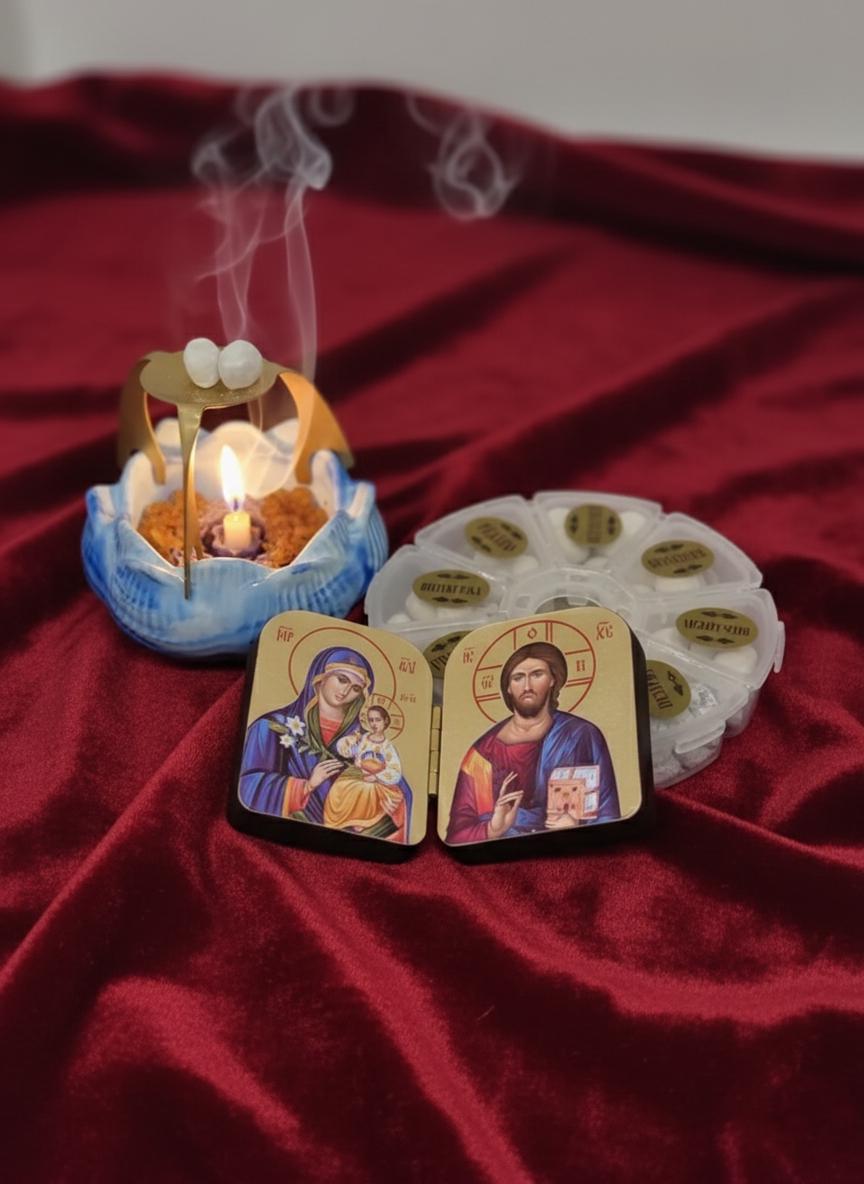 Home Incense Set – 8 Types of Athonite Incense, Candle Holder “Lotus”, Spider Stand & Folding Icon