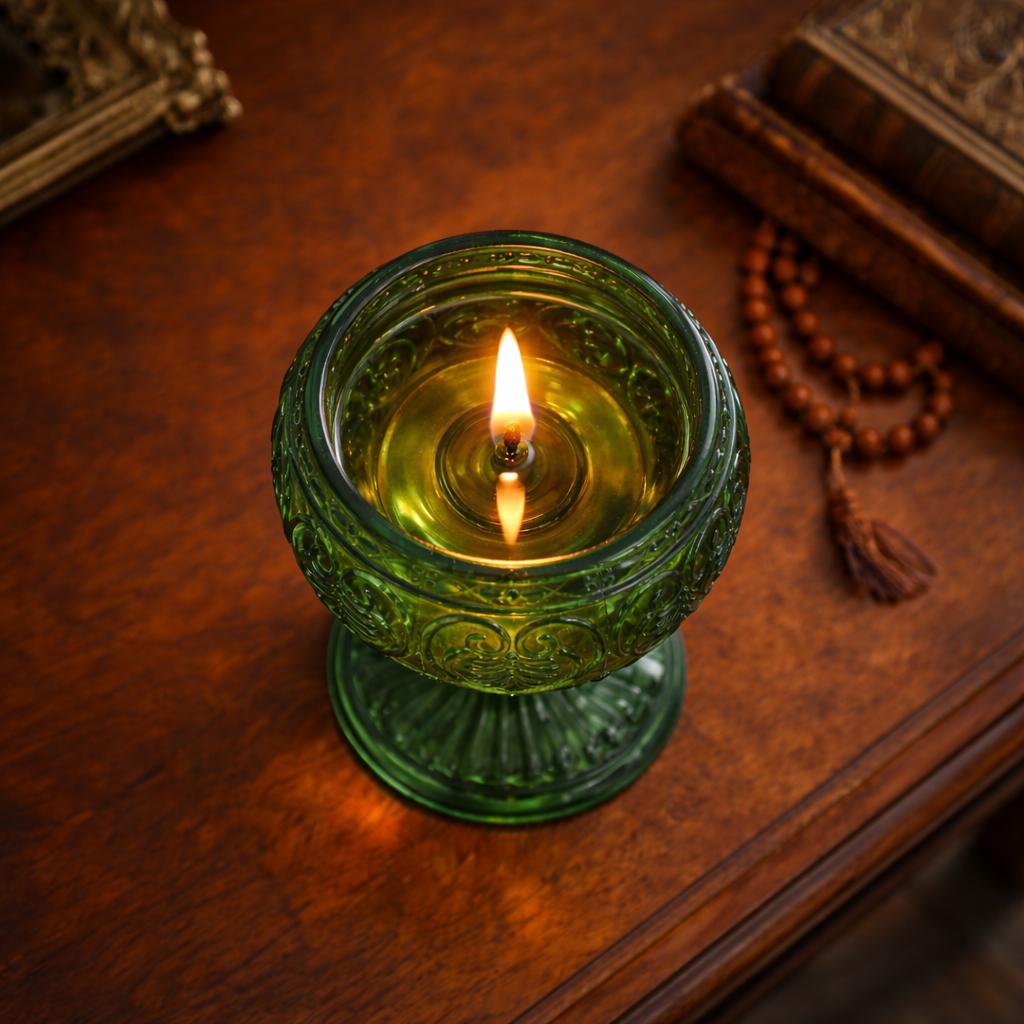 Orthodox Green Glass Oil Lamp 2.56 in, Prayer Candle Holder