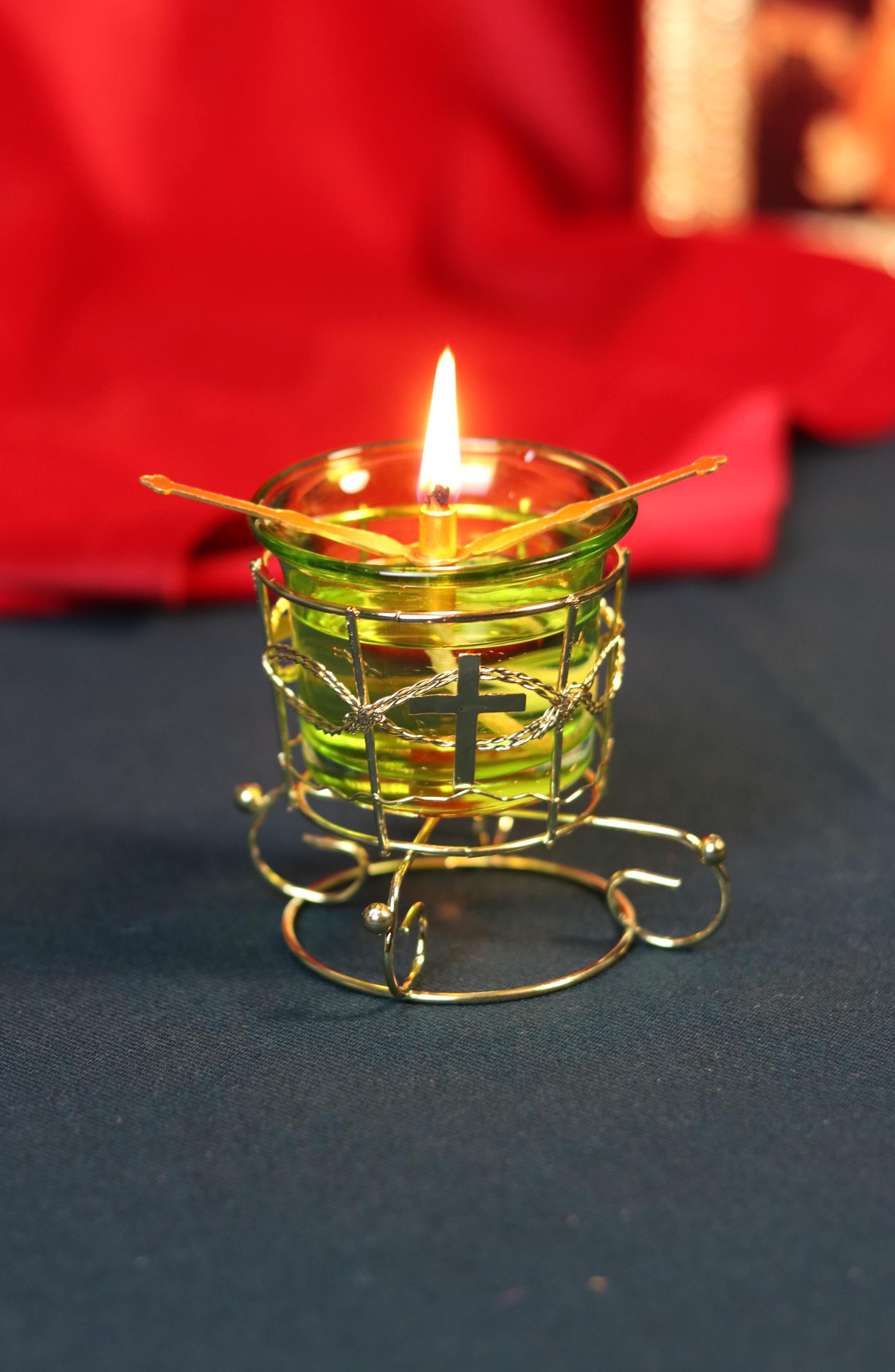 Green Glass Oil Lamp in Metal Stand 2in  – Orthodox Candle Holder for Prayer, Aromatherapy, Altar Decor, Christian Gift, Orthodox prayer