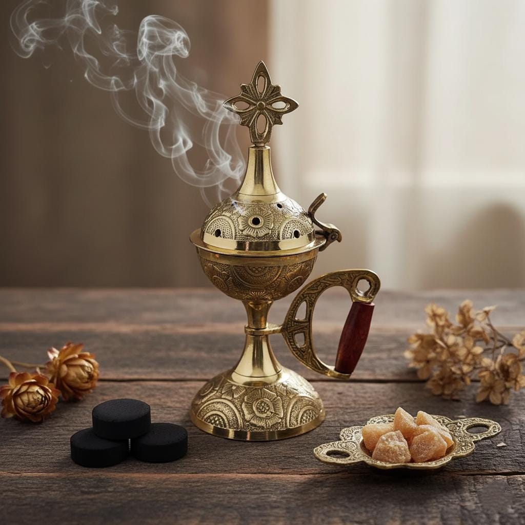 Metal Incense Burner 6.7in Set – Greek Censer with Embossed Design, 50g Greek Incense, 24mm Charcoal Tablets, Orthodox Prayer Kit