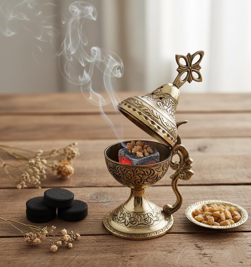 Orthodox Prayer Set: 5.5 in × 3.1 inch gold metal censer, 50 grams of incense, 6 charcoal tablets.