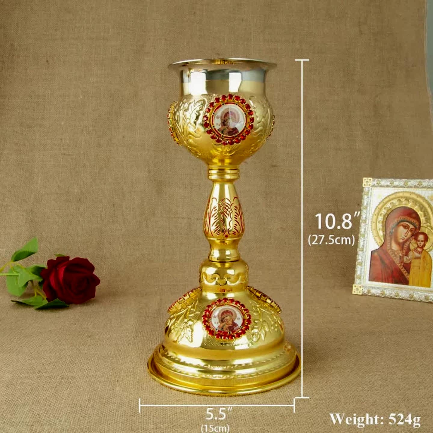 Orthodox Eucharistic accessories: chalice, paten, spoon, ewer. Holy Communion set.