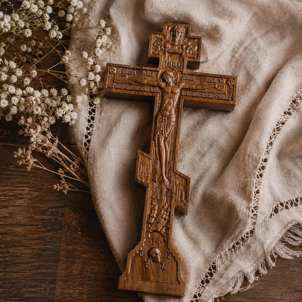 Wooden Orthodox Crucifix, 7.9-19.7in Beech Wood Wall Cross, Hand Carved Jesus