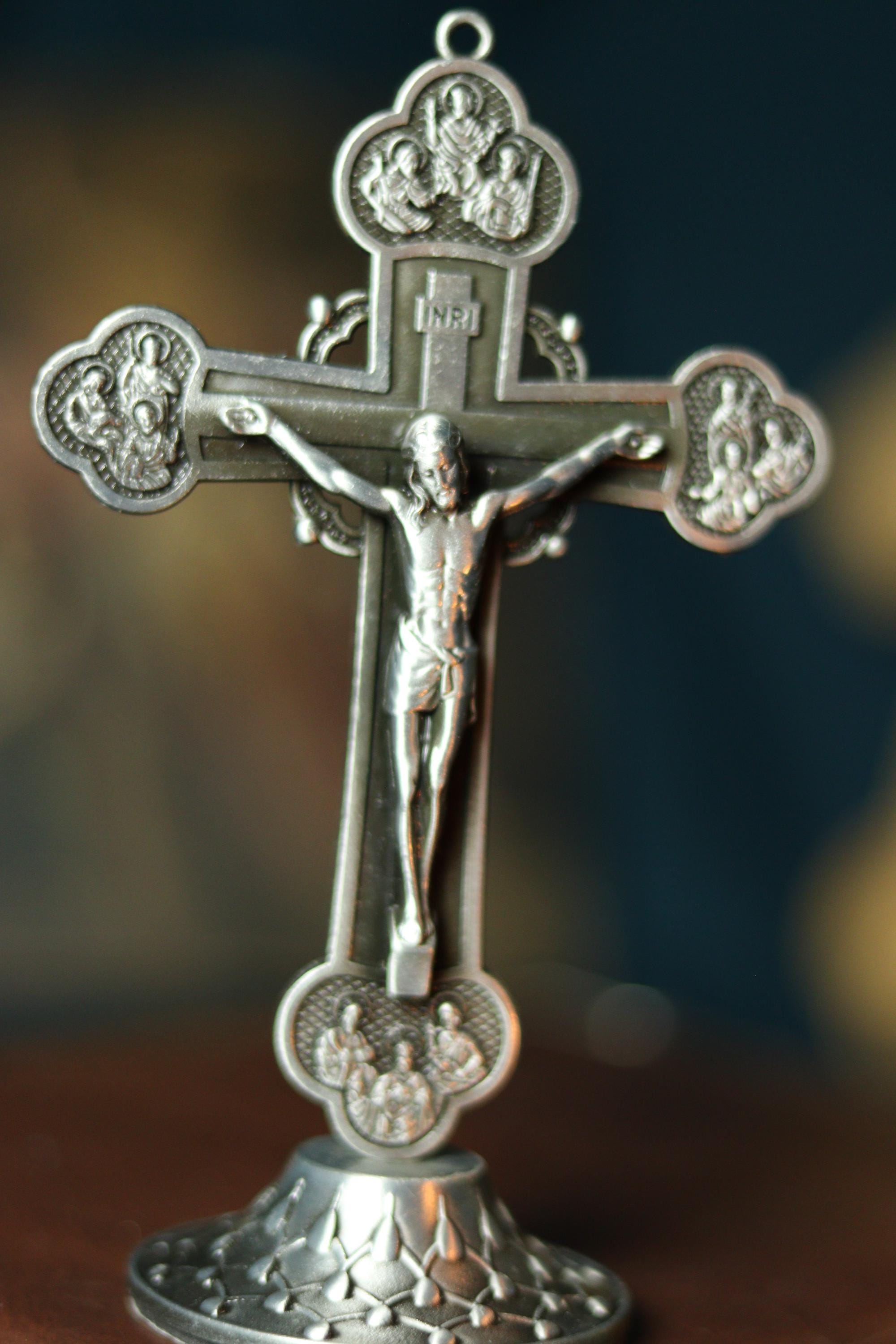 Metal Table Cross 3.5 in, Antique Silver Crucifix, Orthodox Cross, Christian Decor, Desk Cross, Religious Gift, Prayer Cross