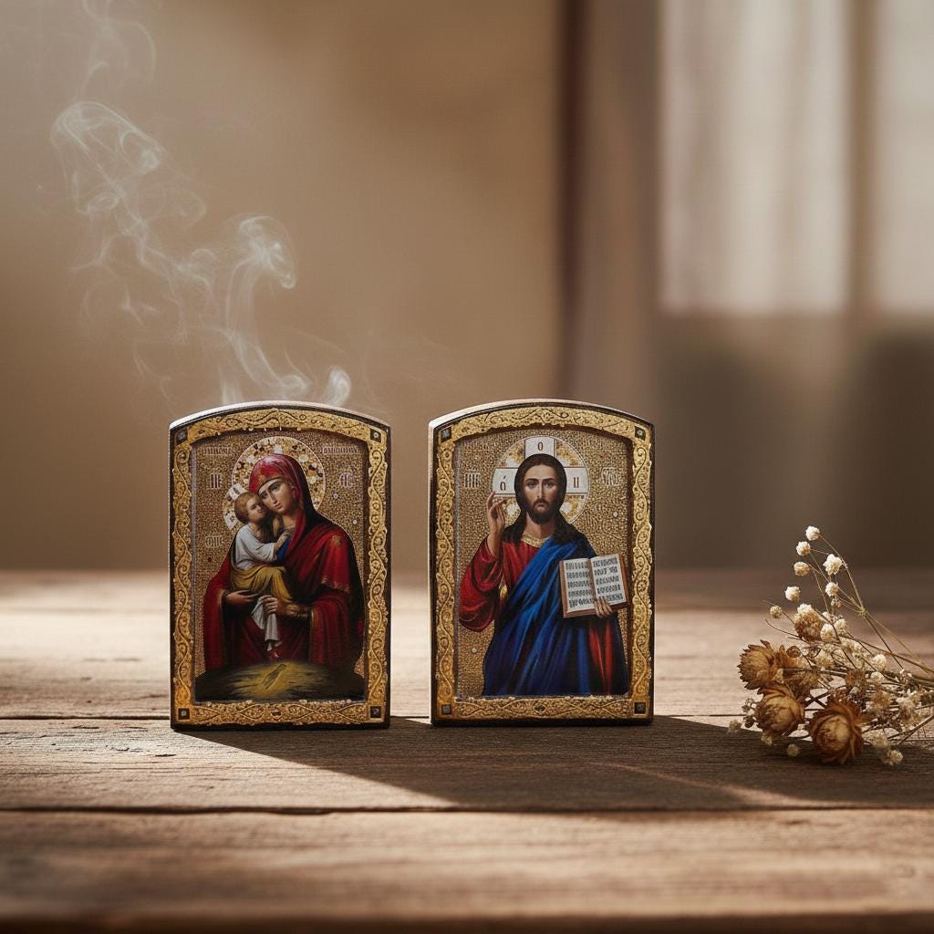 Wood Icons Pair 7.8x6.1 in, Ash Veneer, Orthodox Icons, Wedding Icons, Christian Decor.