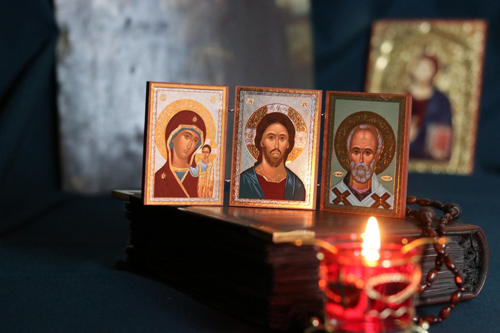 Wooden Orthodox Triptych Icon 3.5in, Virgin Mary Jesus And Saint Nicholas, Folding Travel Icon