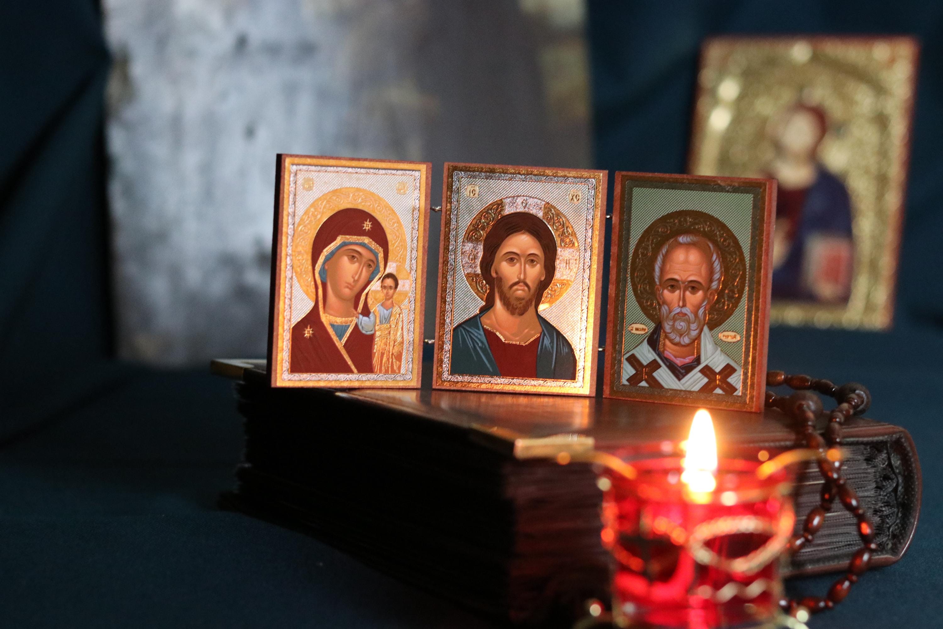 Wooden Orthodox Triptych Icon 3.5in, Virgin Mary Jesus And Saint Nicholas, Folding Travel Icon