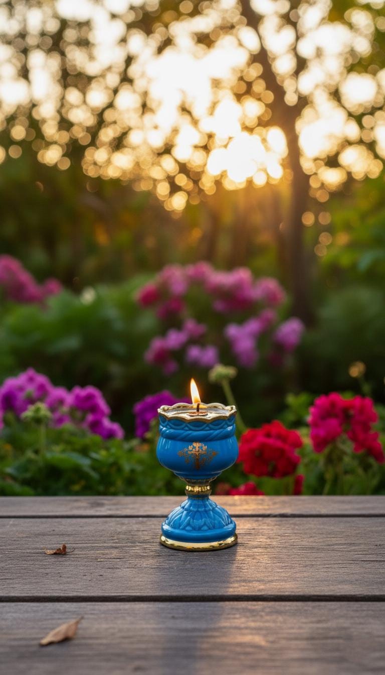 Ceramic Table Oil Lamp 5.5in Blue. Set includes: Lamp body, glass insert, float, 10 wicks