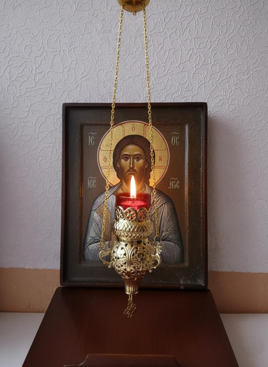 9.06 in Brass Hanging Lampada, Openwork Brass Hanging Oil Lamp, Greek Orthodox Lampada