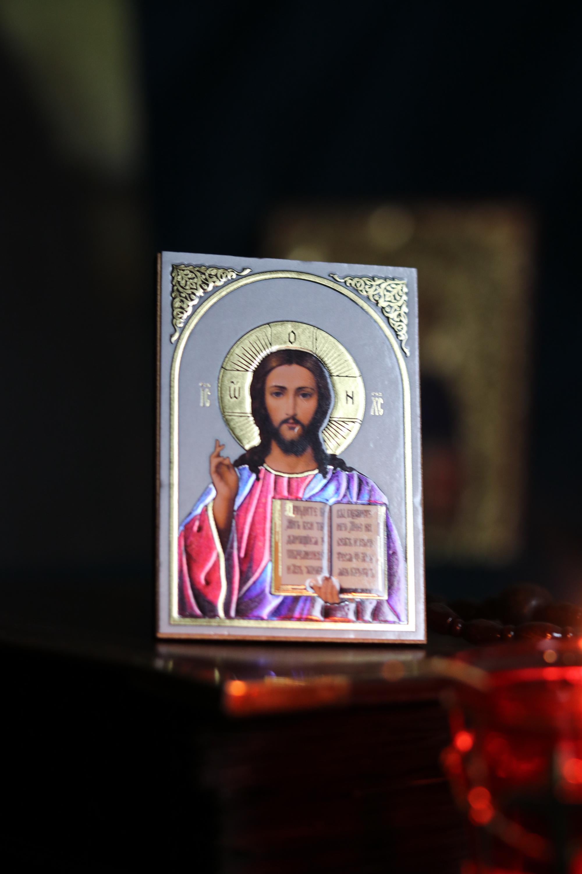 Wooden Orthodox Jesus Icon 3.3in, Christ Pantocrator Icon, Small Prayer Icon