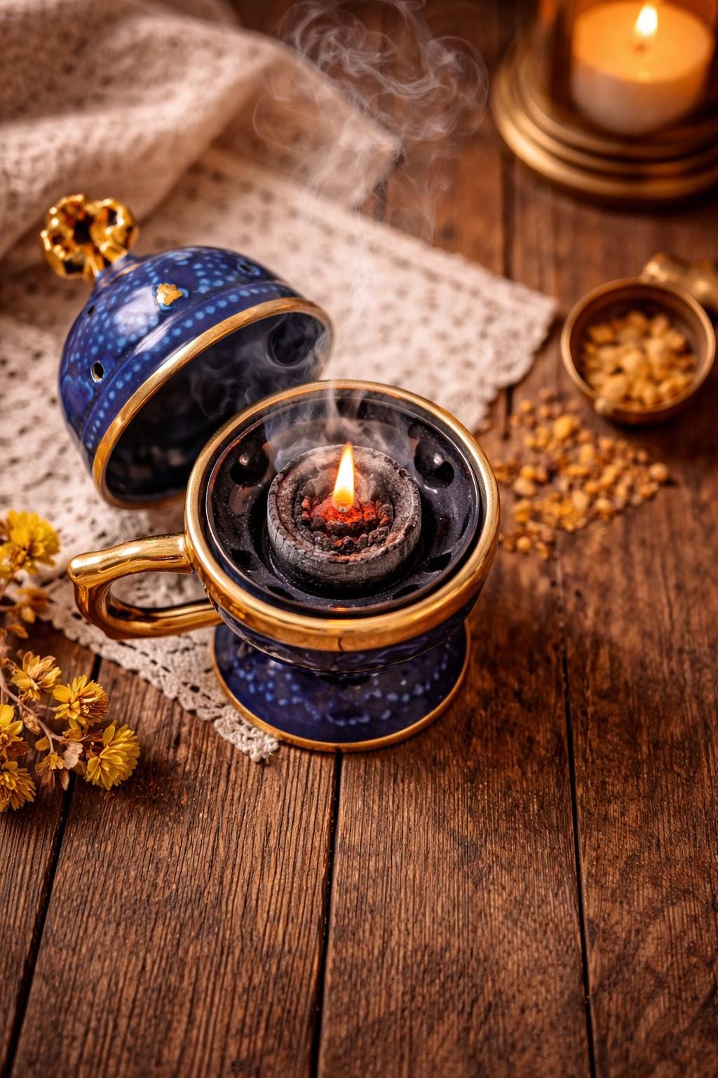 Orthodox Ceramic Incense Blue Burner with Cross 6.3 inches, Christian Incense Holder
